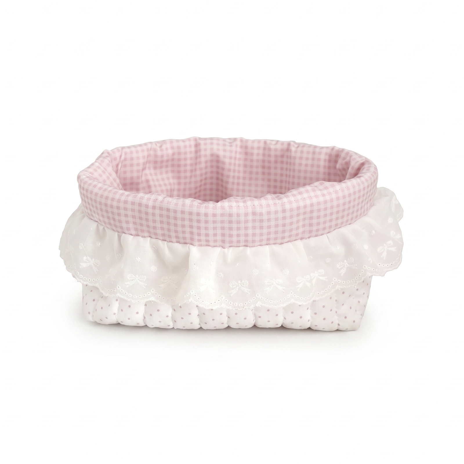 Lace Trim Basket Dotted Pattern Quilted Textile Basket Open Top for Desk