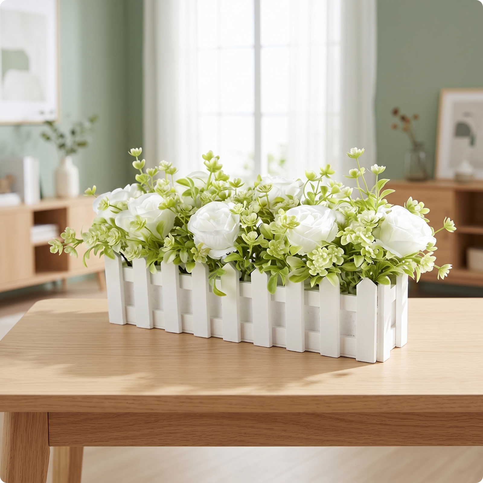 Wooden Planter Flower Decor No Watering Needed Faux Rose Centerpiece