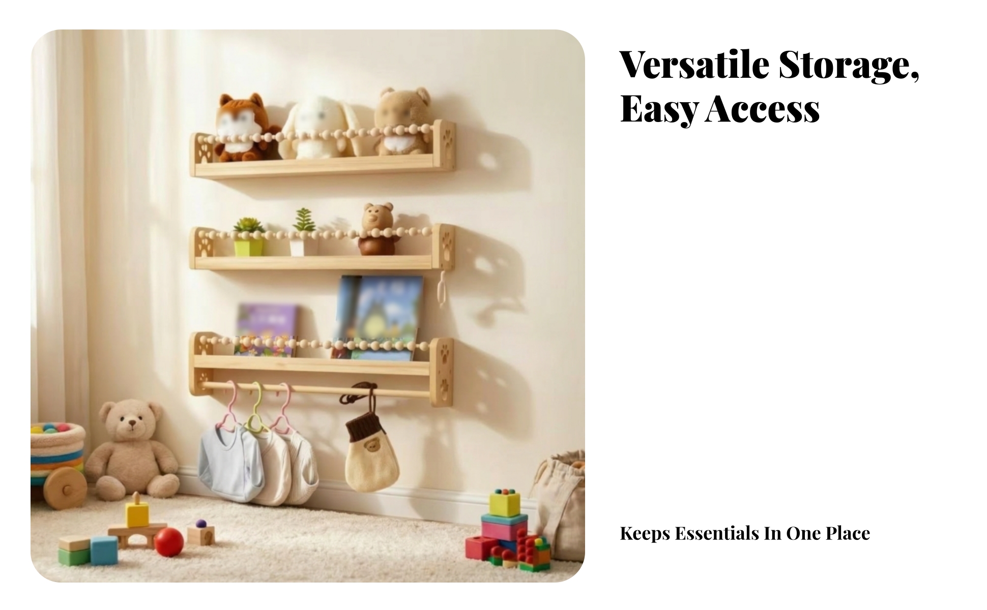 Wall Mounted Kids Bookshelf Paw Print Cutouts Wooden Children Shelf Bead Rail