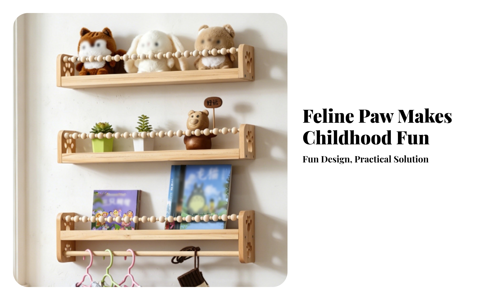 Wall Mounted Kids Bookshelf Paw Print Cutouts Wooden Children Shelf Bead Rail