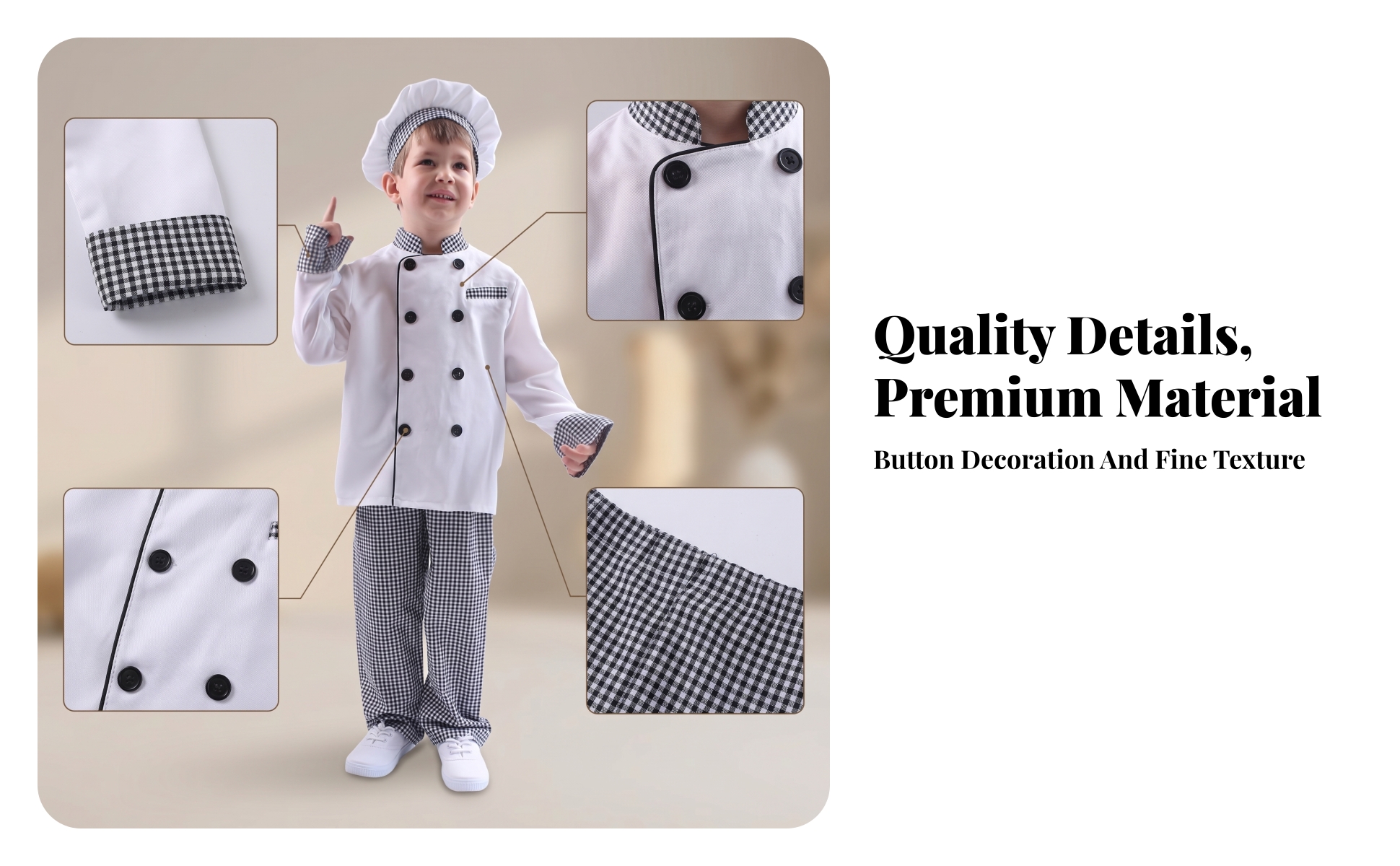 Kids Chef Costume Checkered Trim Kids Chef Outfit Double-Breasted for Children