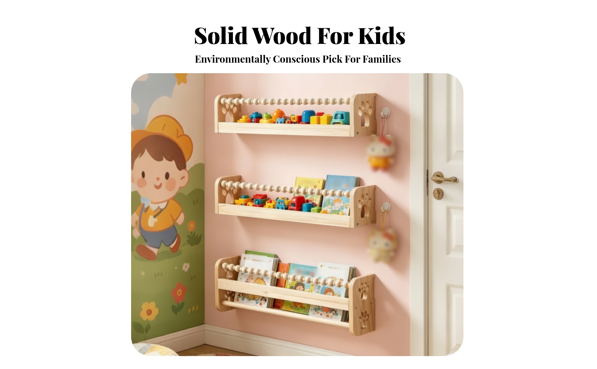 Wall Mounted Kids Bookshelf Paw Print Cutouts Wooden Children Shelf Bead Rail