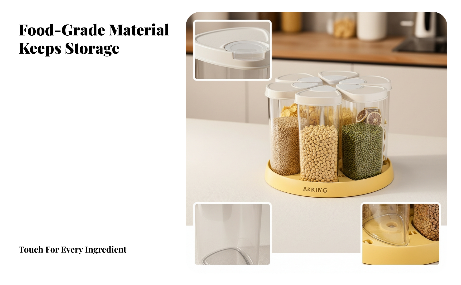 Rotating Grain Container Hinged Lid Lids 6-Compartment Grain Dispenser Clear