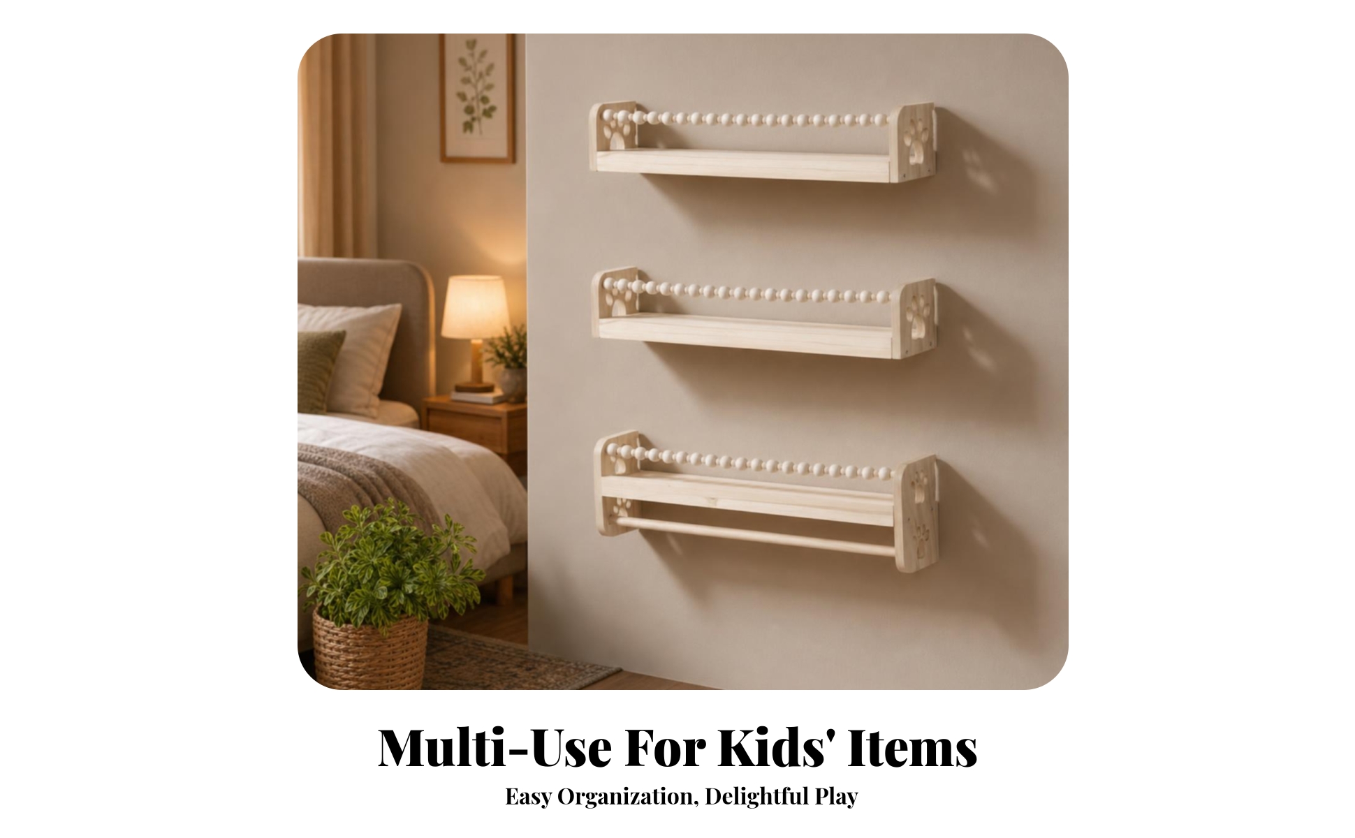 Wall Mounted Kids Bookshelf Paw Print Cutouts Wooden Children Shelf Bead Rail