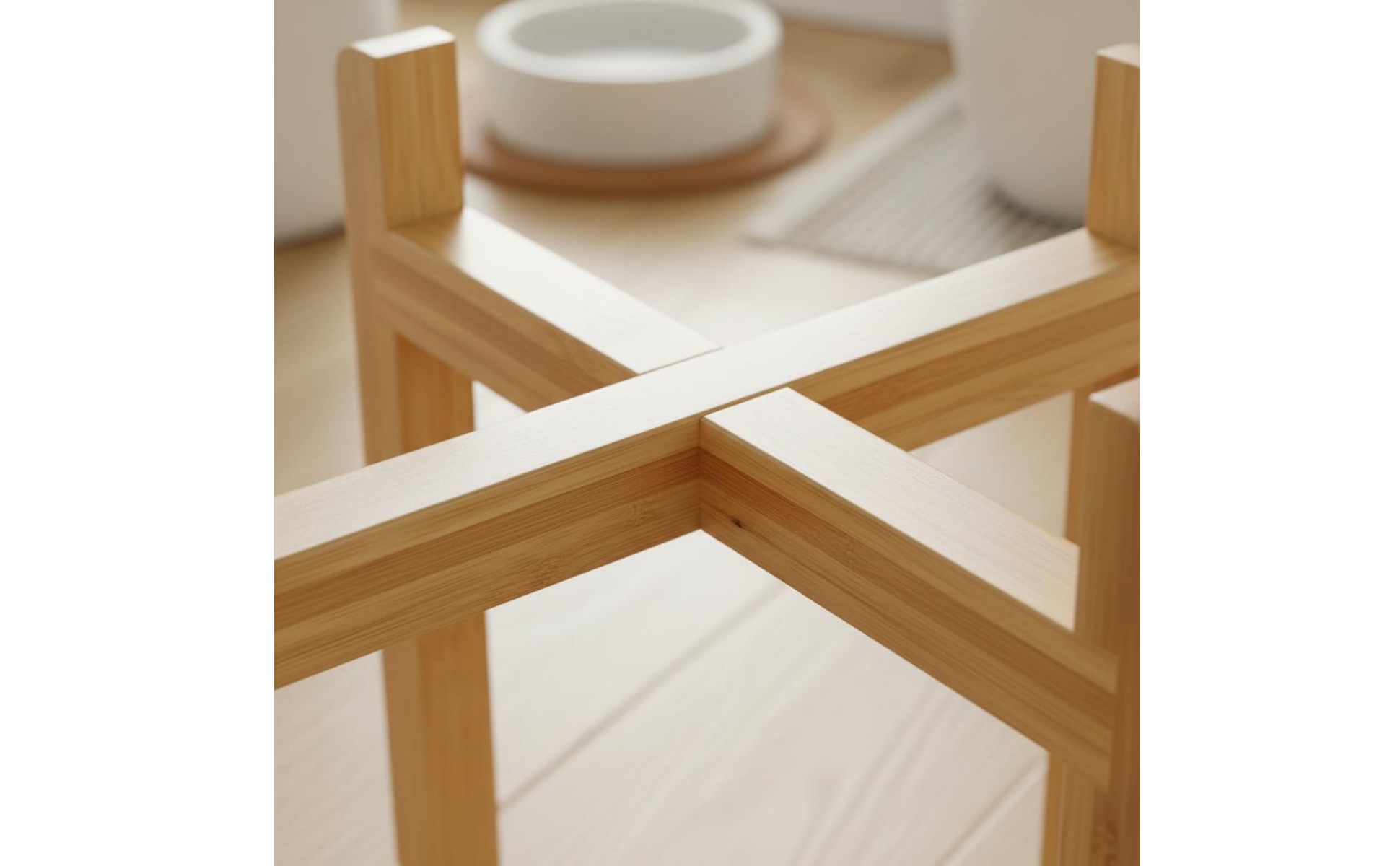 Cross-Brace Bowl Stand Bamboo Finish Wooden Pet Bowl Stand Unobstructed Design
