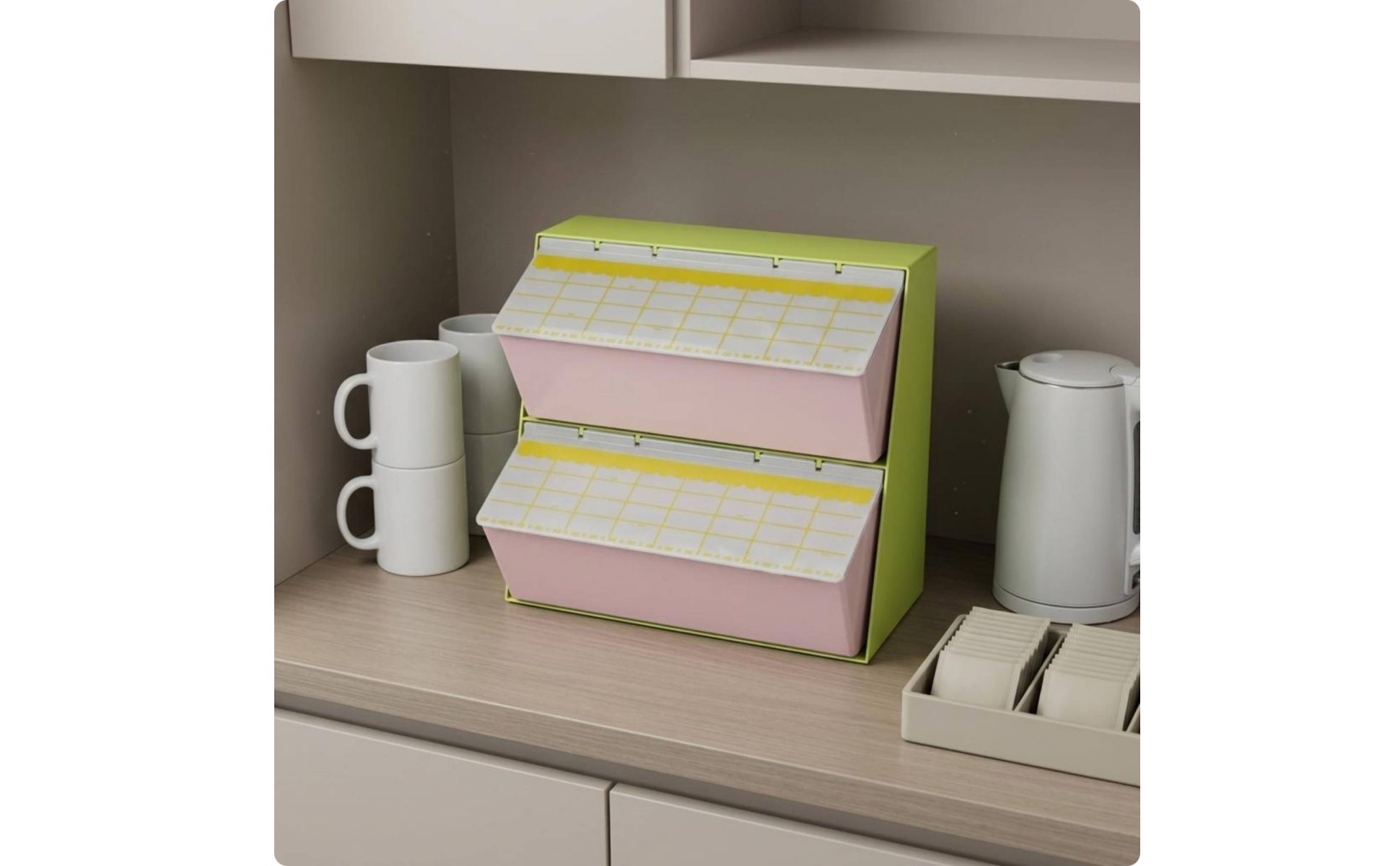 teebeutel-Aufbewahrungsbox mit klappfächern teebeutel-organizer transparent