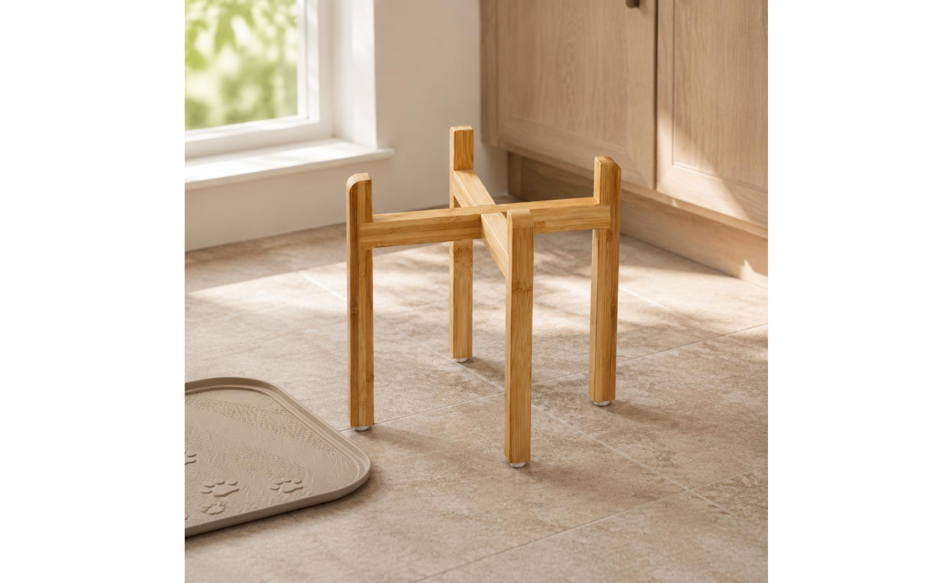 Cross-Brace Bowl Stand Bamboo Finish Wooden Pet Bowl Stand Unobstructed Design