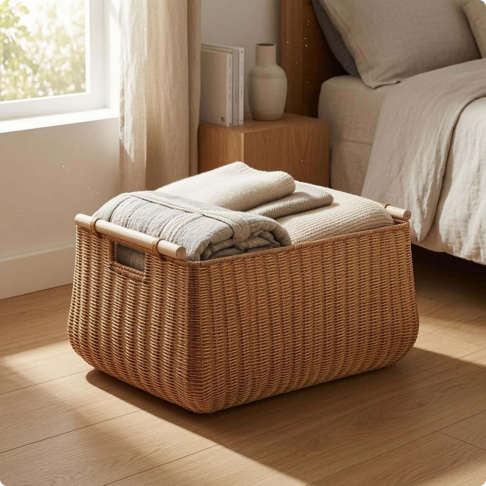 Rectangular Storage Container Open Top Woven Storage Container Wood Wood Trims
