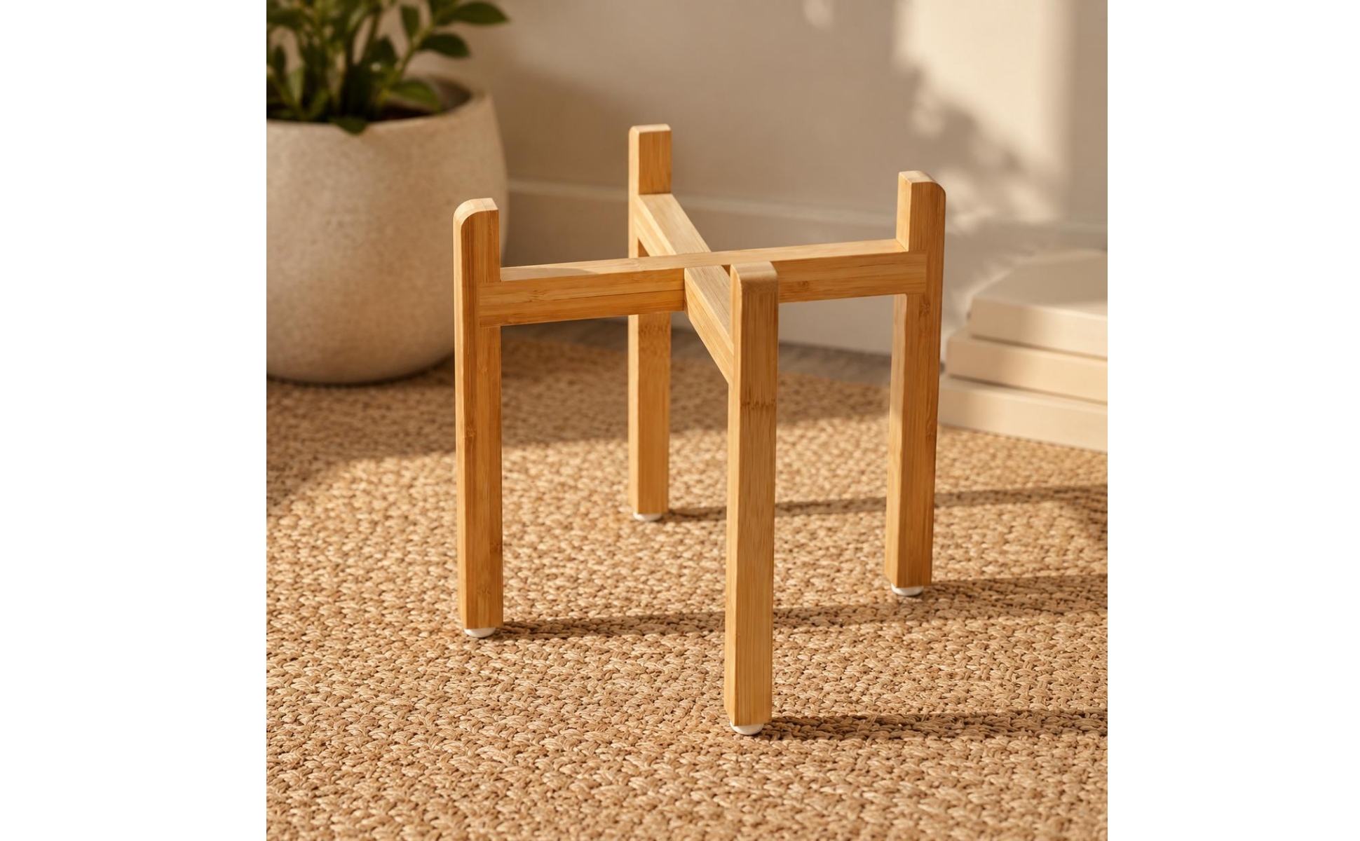 Cross-Brace Bowl Stand Bamboo Finish Wooden Pet Bowl Stand Unobstructed Design