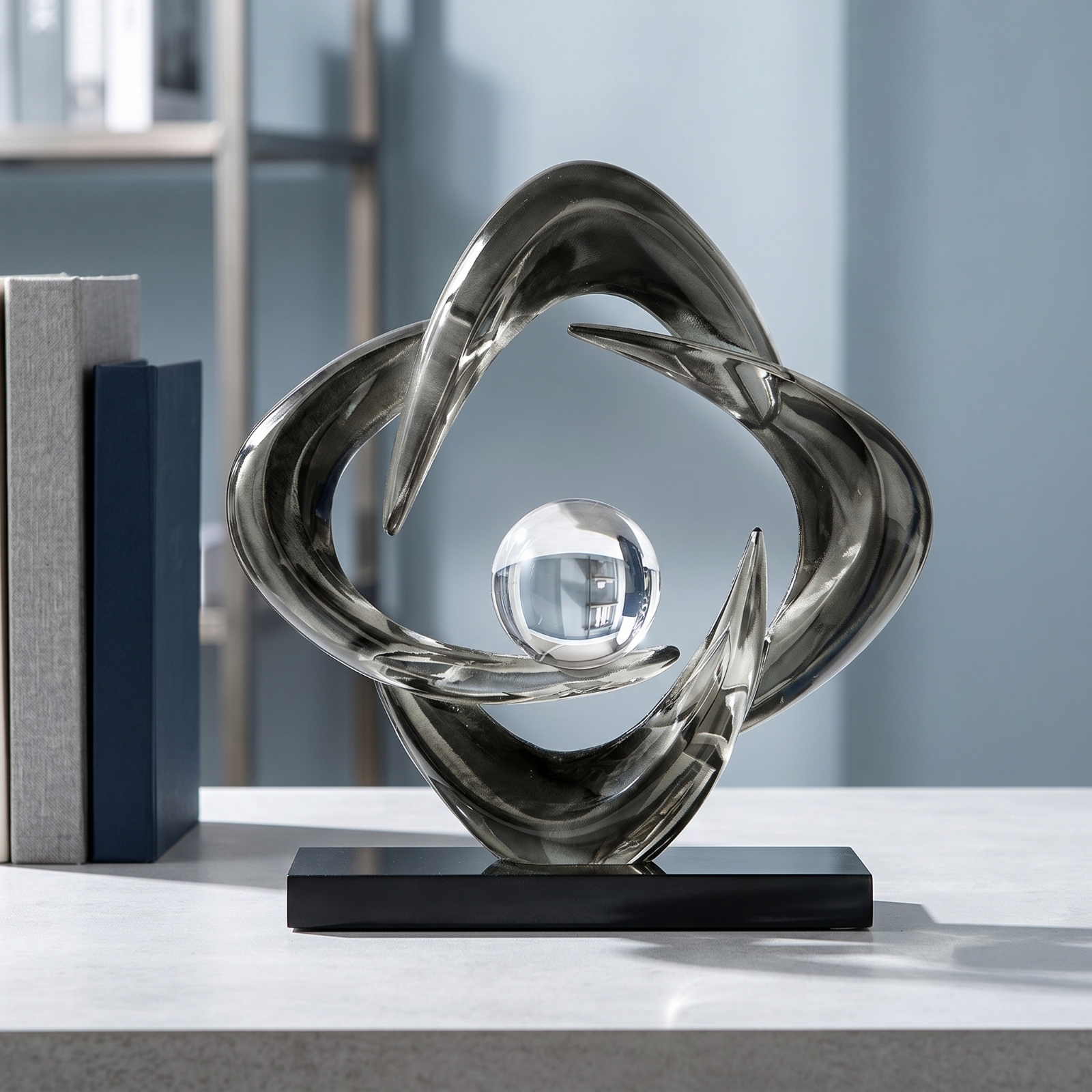 Four-Loop Hoop Decorative Piece Spherical Center Clear Sphere Sculpture