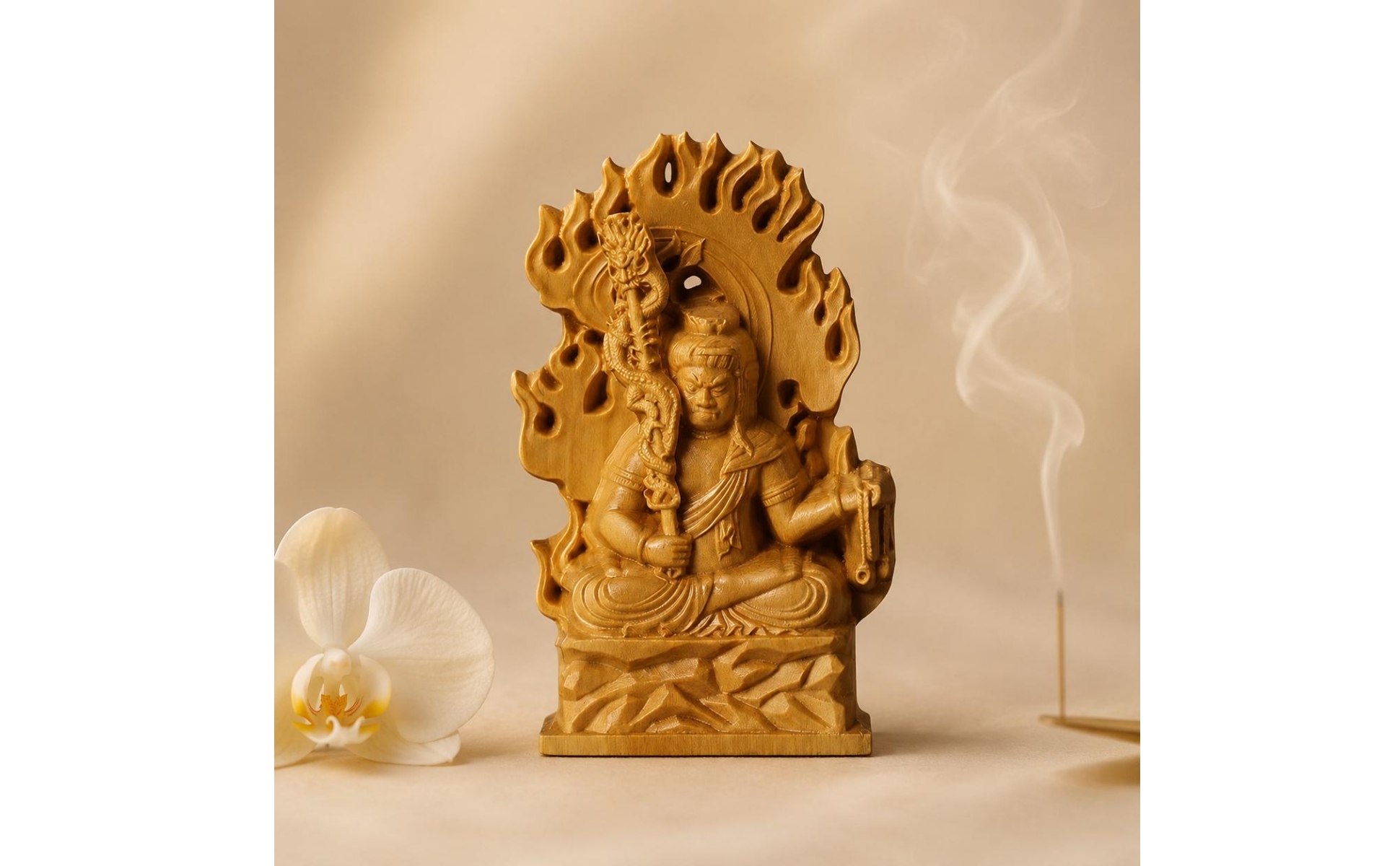 AcalaMyo-O-Figur Buchsbaumholz Holzskulptur mit Flammenkrone Freistehend