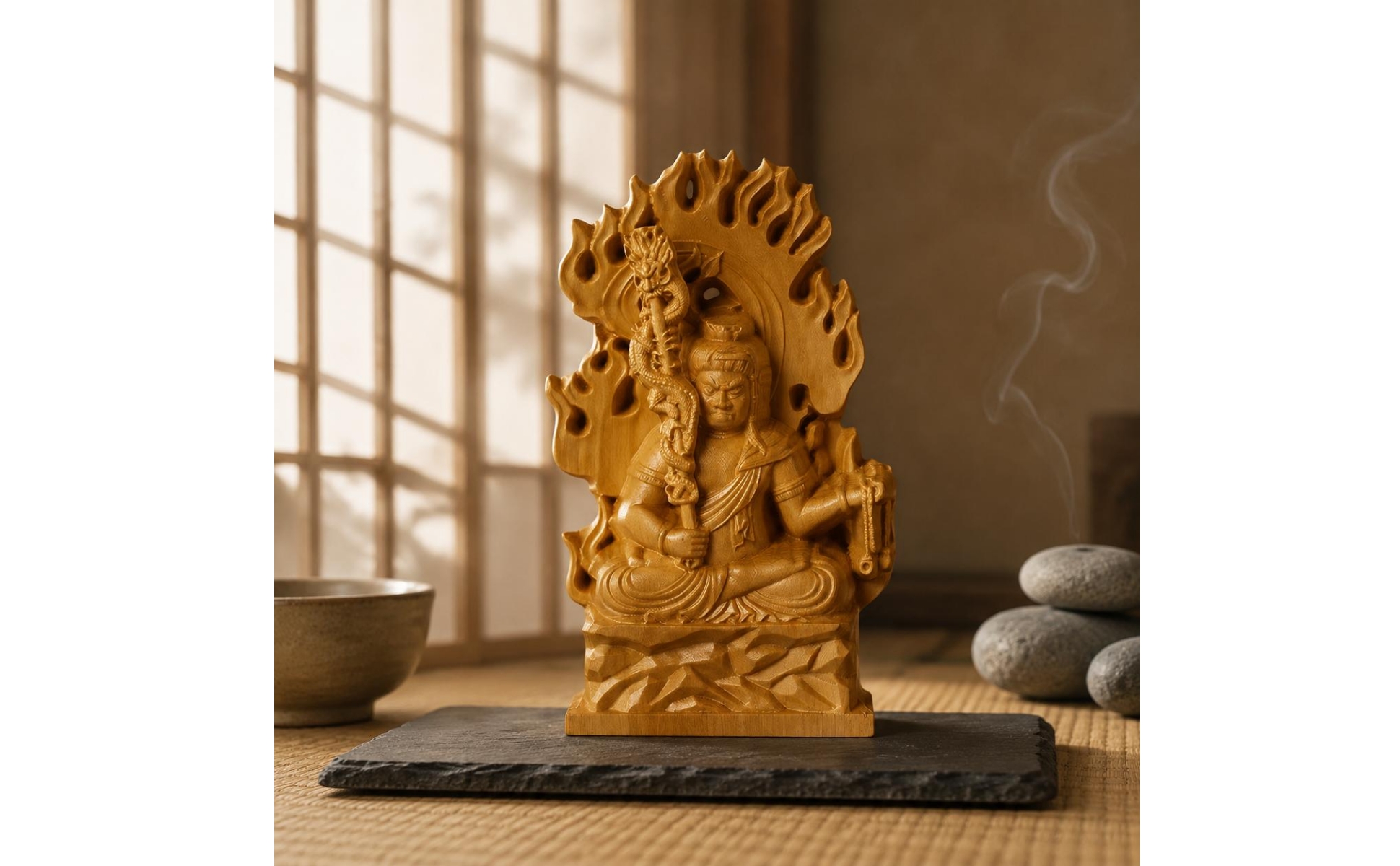 AcalaMyo-O-Figur Buchsbaumholz Holzskulptur mit Flammenkrone Freistehend