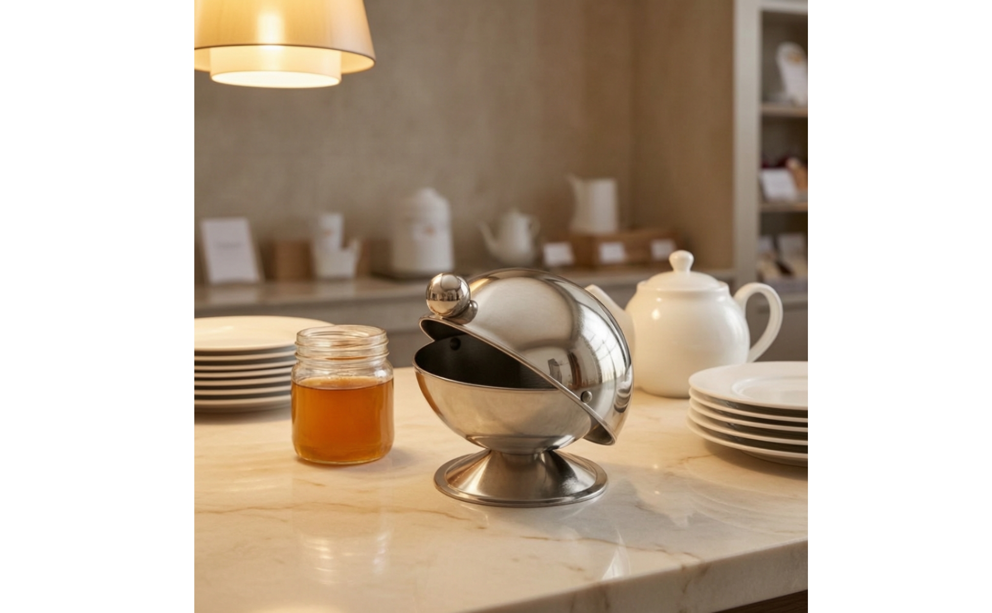 Sugar Bowl with Hinged Lid Stainless Steel Condiment Pot with Lid Polished