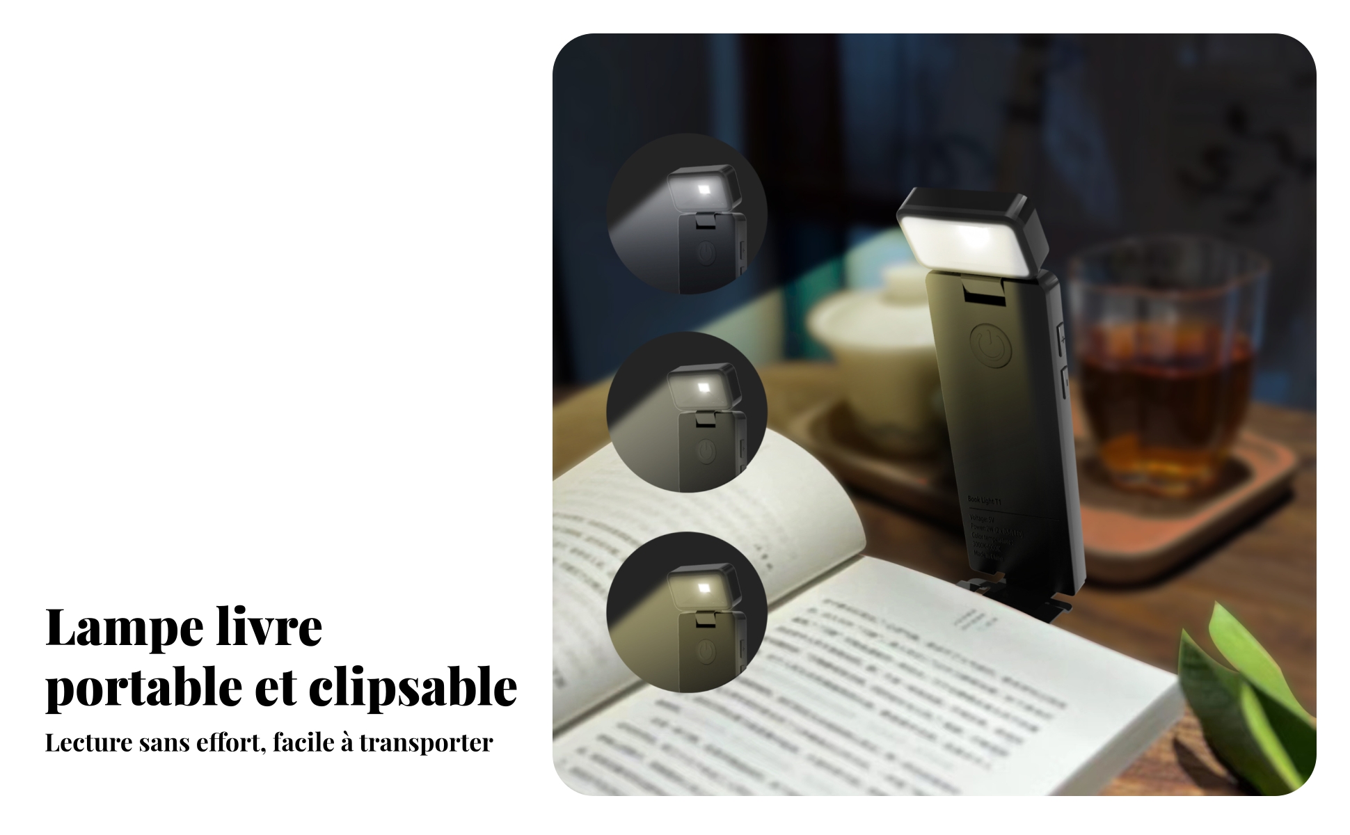 Lampe Livre Clip Rectangulaire Lampe Livre avec Charge Intégrée Autonomie Longue