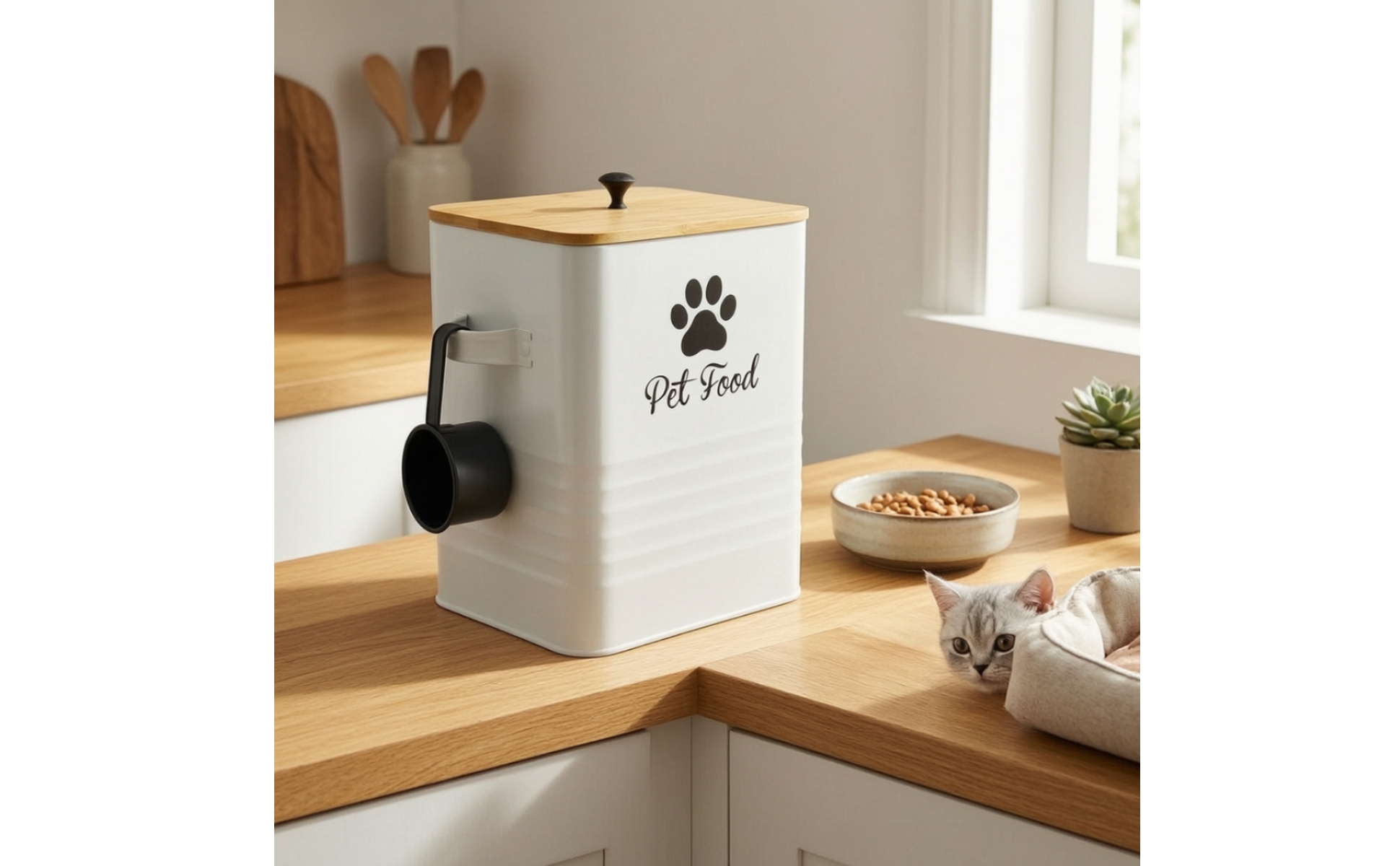 Quadratische Futterbox mit Löffel Staubdicht Futterdose mit Bambusdeckel