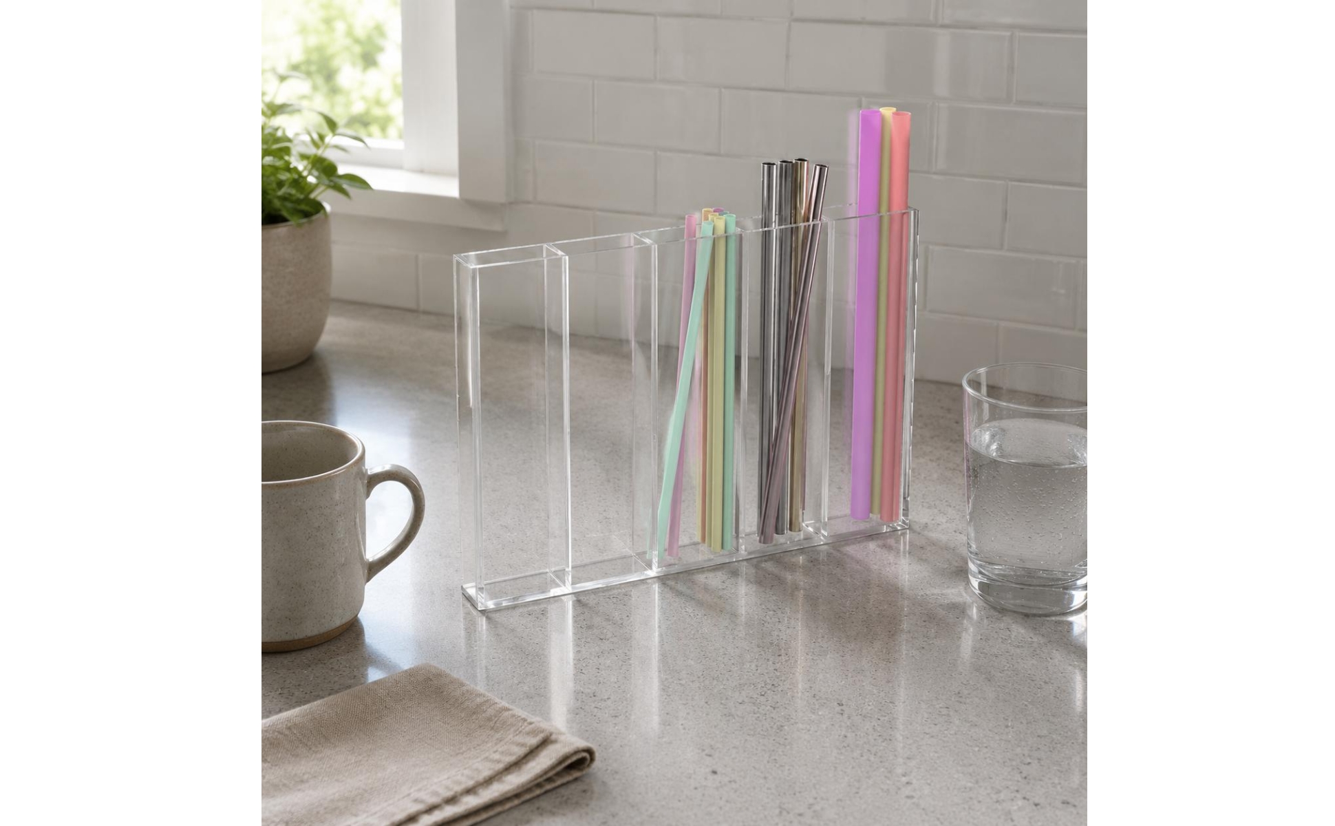 Acrylic Straw Storage Rack No Installation Multi-Compartment Straw Rack
