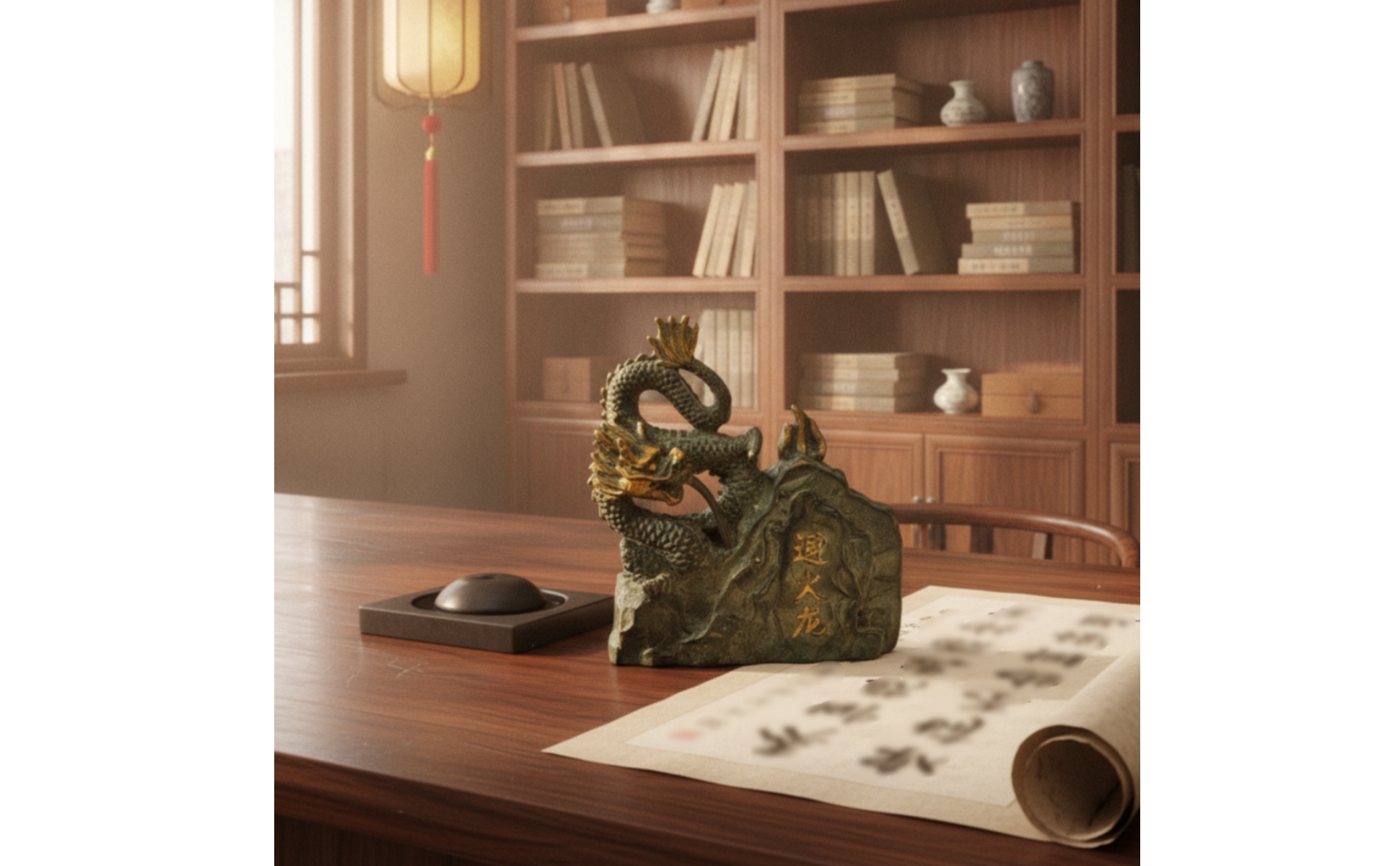Chinese Dragon Statue Sculpted Dragon Statue with Rock Base Desktop for Office