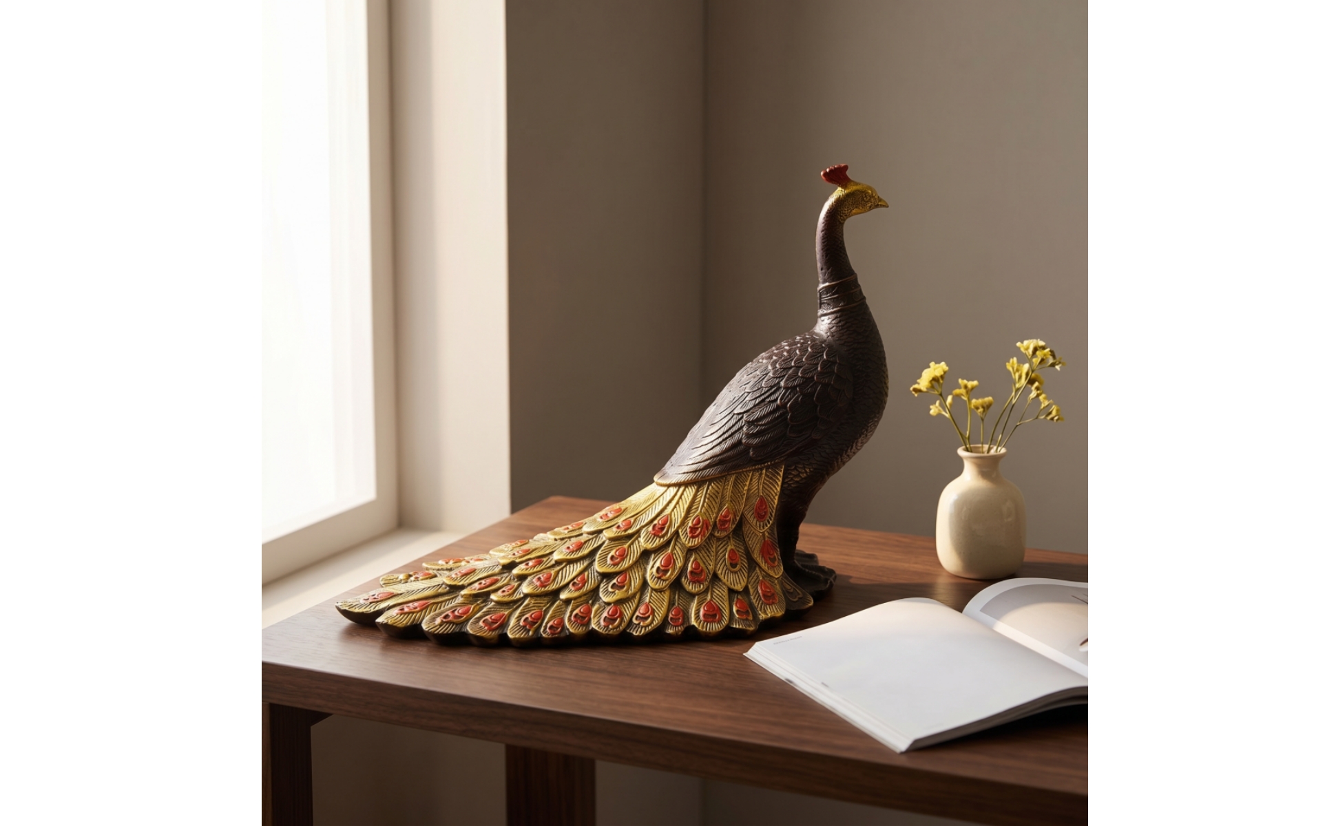 Peacock Figurine Bronze Peacock Statue Gold for Mantel, Entryway, Art Collectors