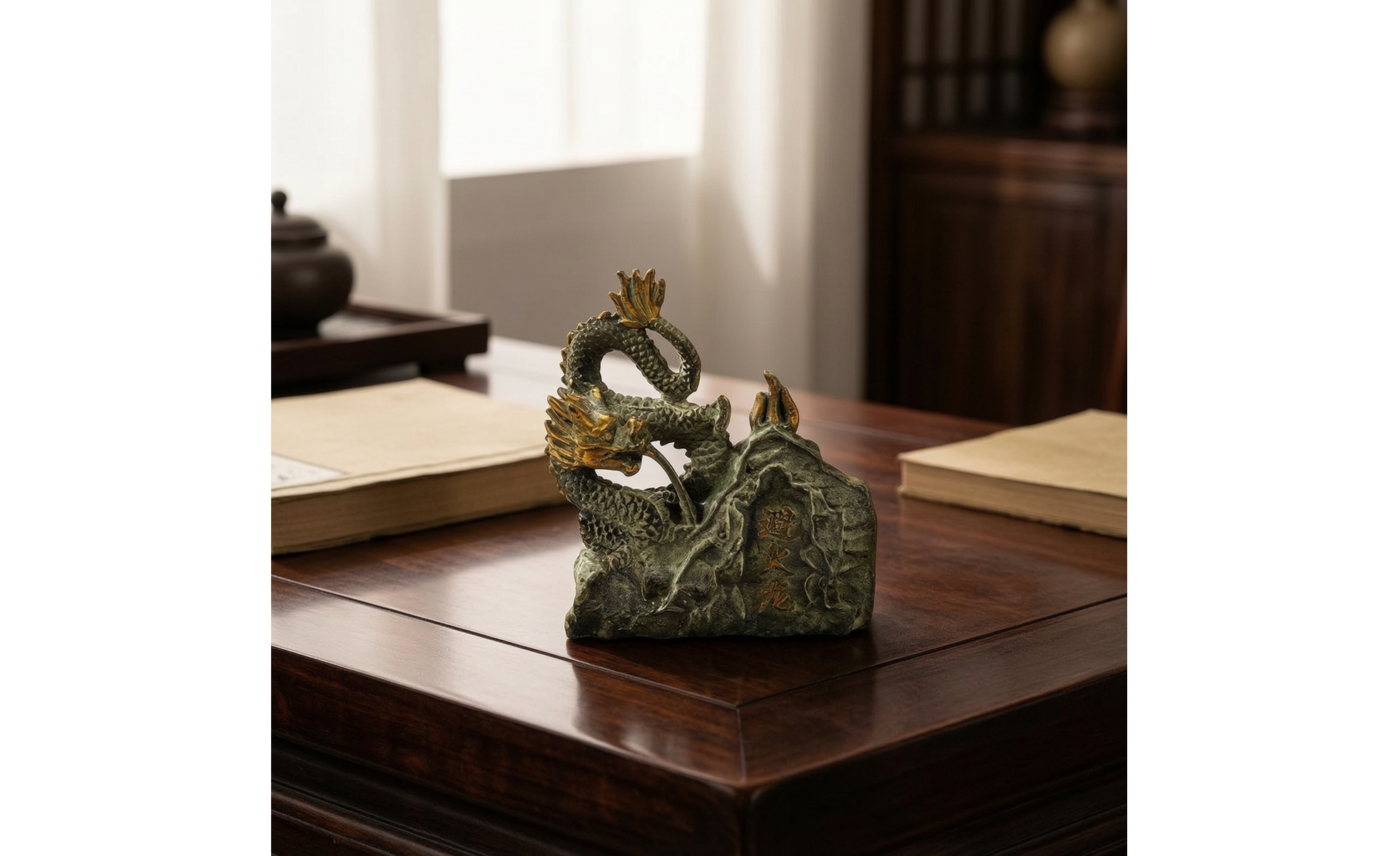 Chinese Dragon Statue Sculpted Dragon Statue with Rock Base Desktop for Office