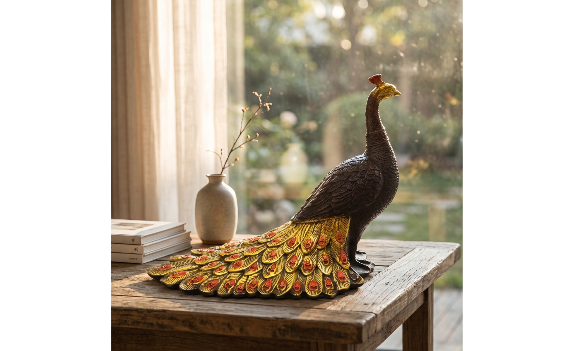 Peacock Figurine Bronze Peacock Statue Gold for Mantel, Entryway, Art Collectors