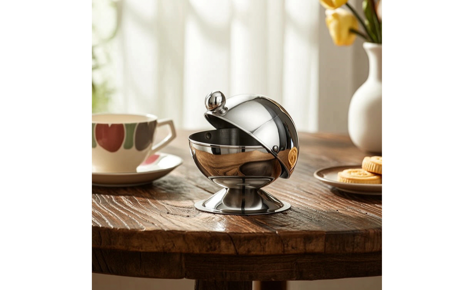 Sugar Bowl with Hinged Lid Stainless Steel Condiment Pot with Lid Polished