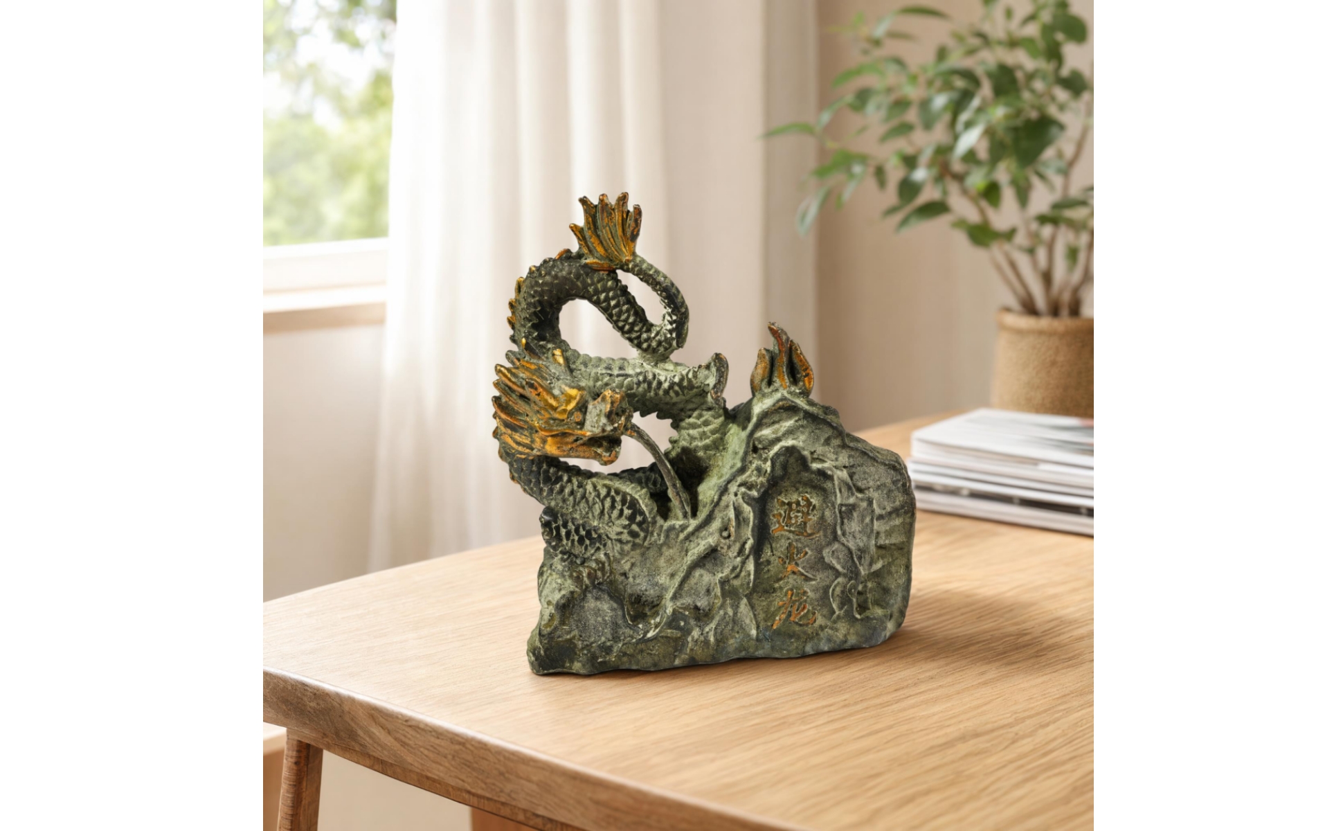 Chinese Dragon Statue Sculpted Dragon Statue with Rock Base Desktop for Office