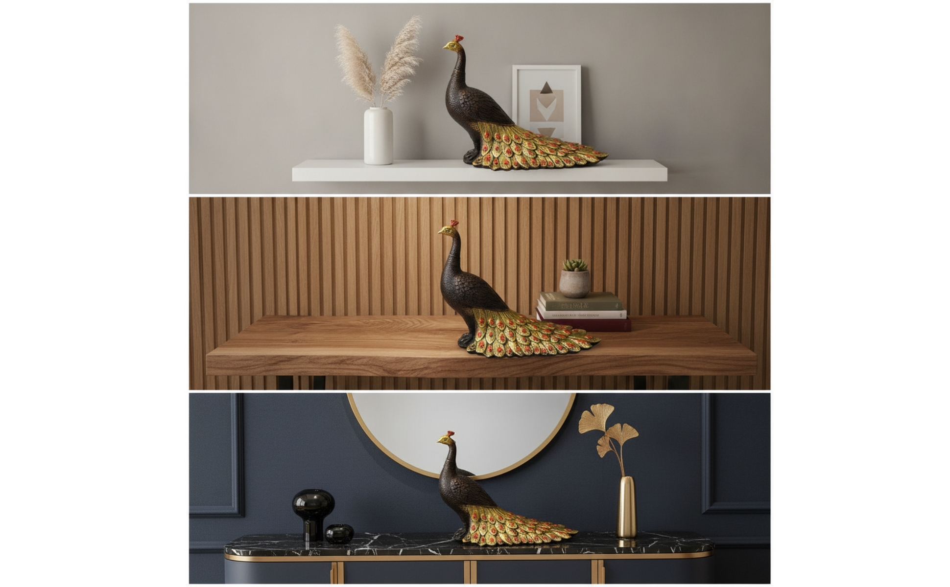 Peacock Figurine Bronze Peacock Statue Gold for Mantel, Entryway, Art Collectors