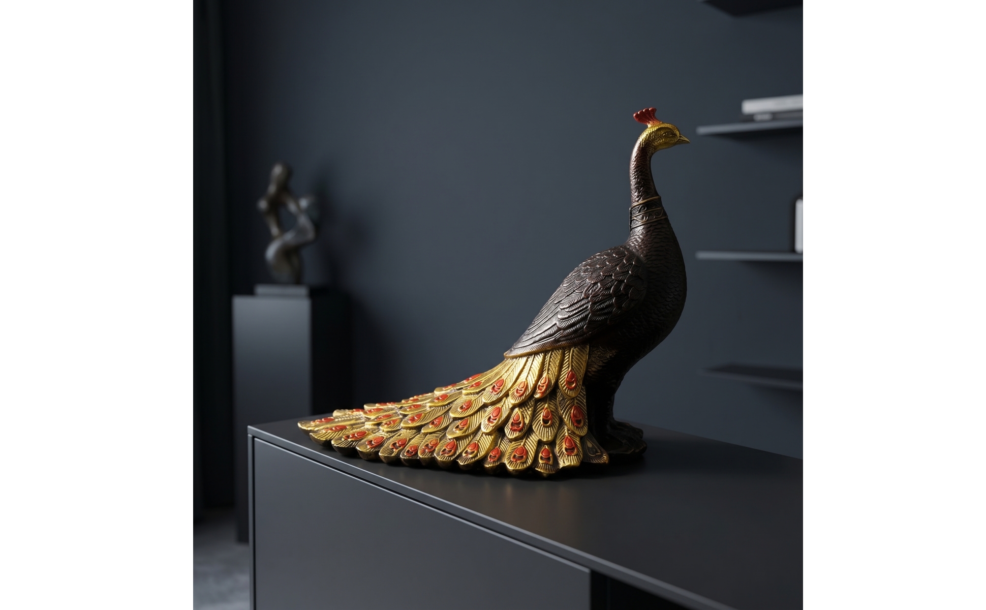 Peacock Figurine Bronze Peacock Statue Gold for Mantel, Entryway, Art Collectors