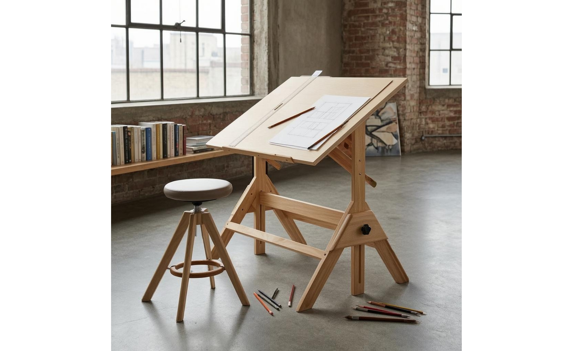 Adjustable Drafting Table Natural Wood Finish Wooden Drafting Table