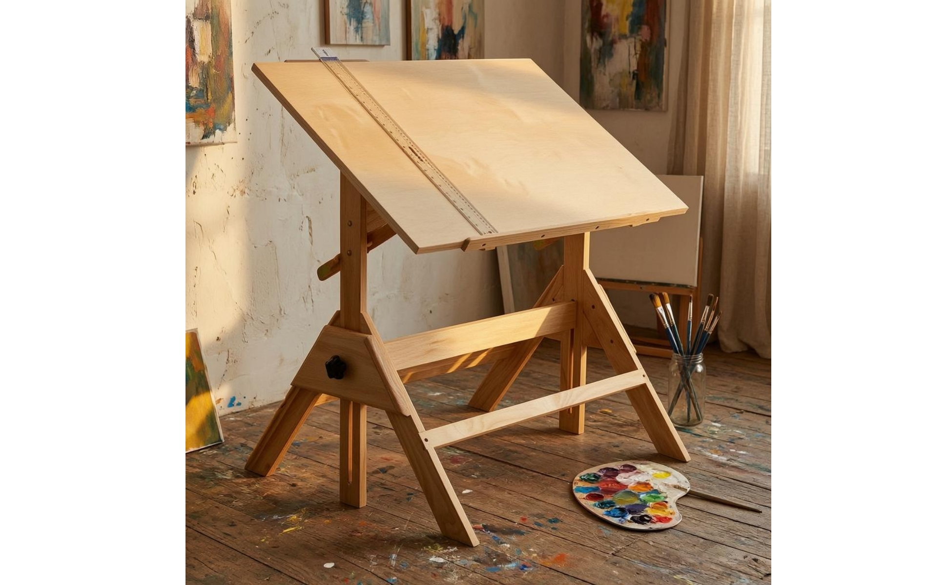 Adjustable Drafting Table Natural Wood Finish Wooden Drafting Table