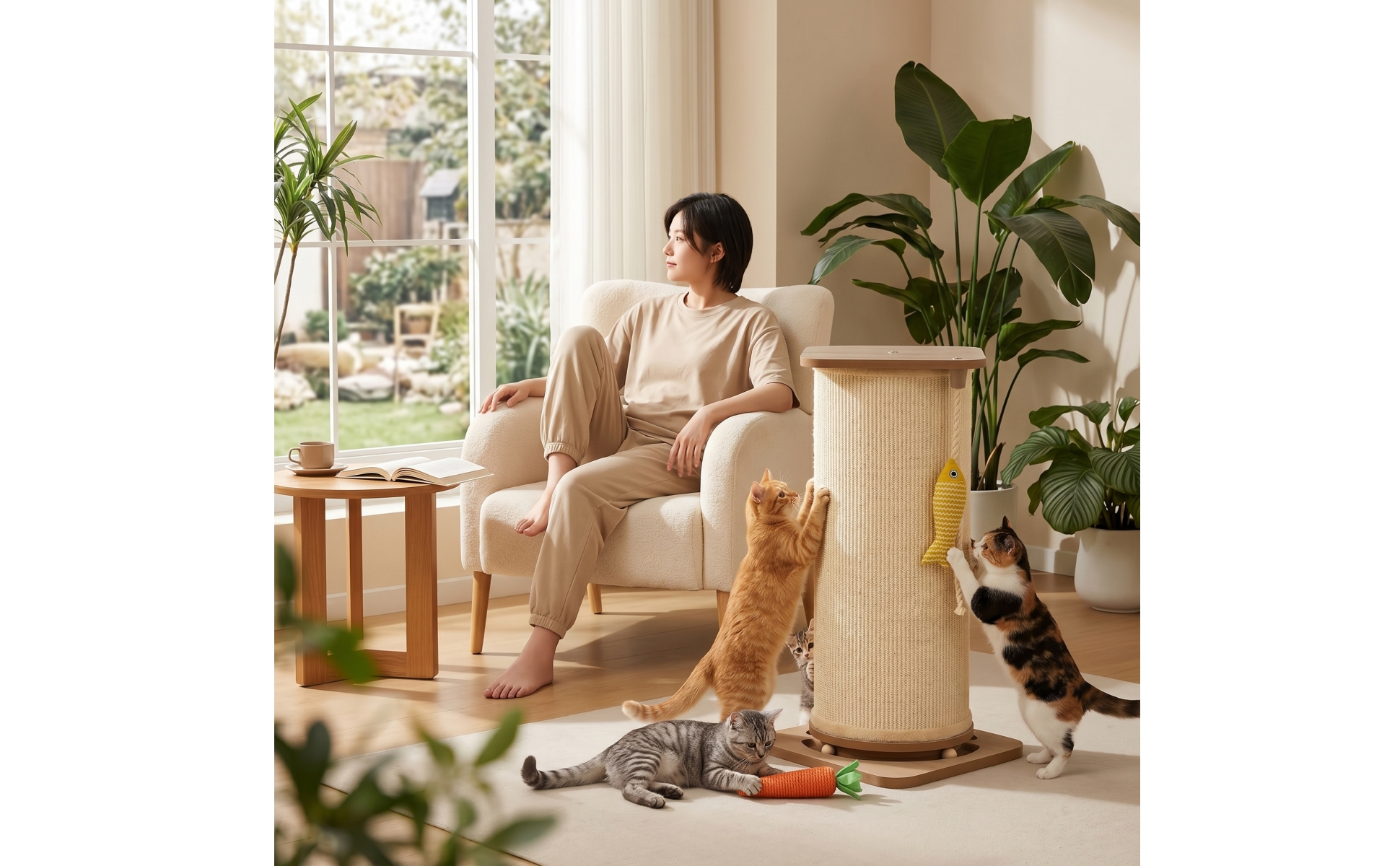 Cat Tree with Scratching Post Upright Cat Scratching Post with Rope Wood-Toned