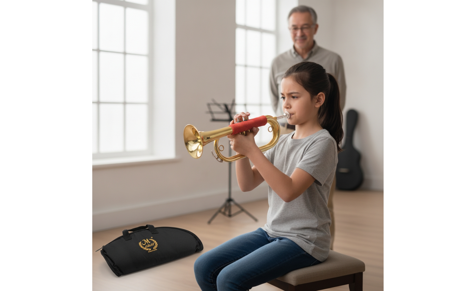 Bugle Blasinstrument Goldfarben Signalhorn mit Tasche Tragbar