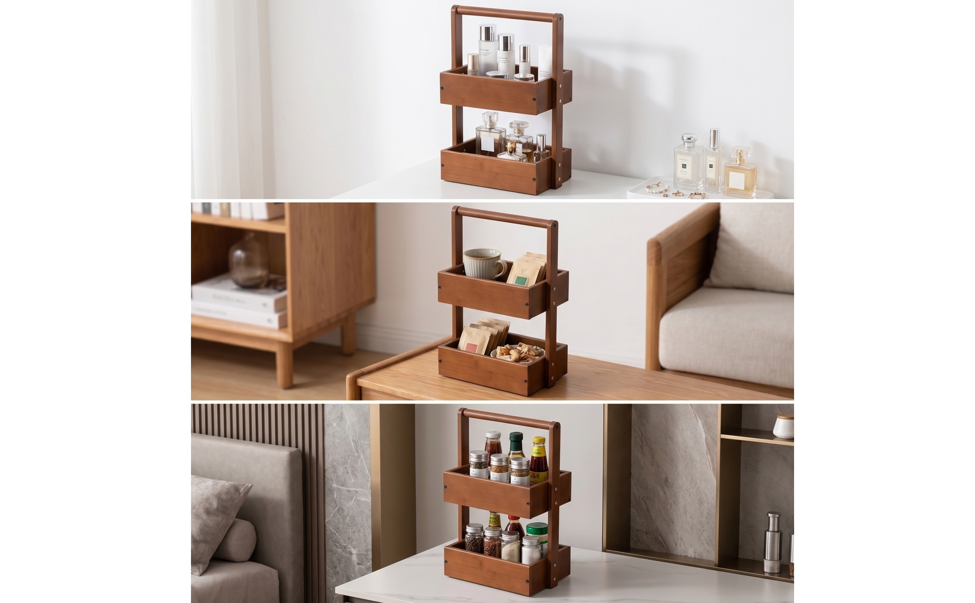 Wood Rack with Handle Open Two-Tier Shelf Portable for Bathroom Counter