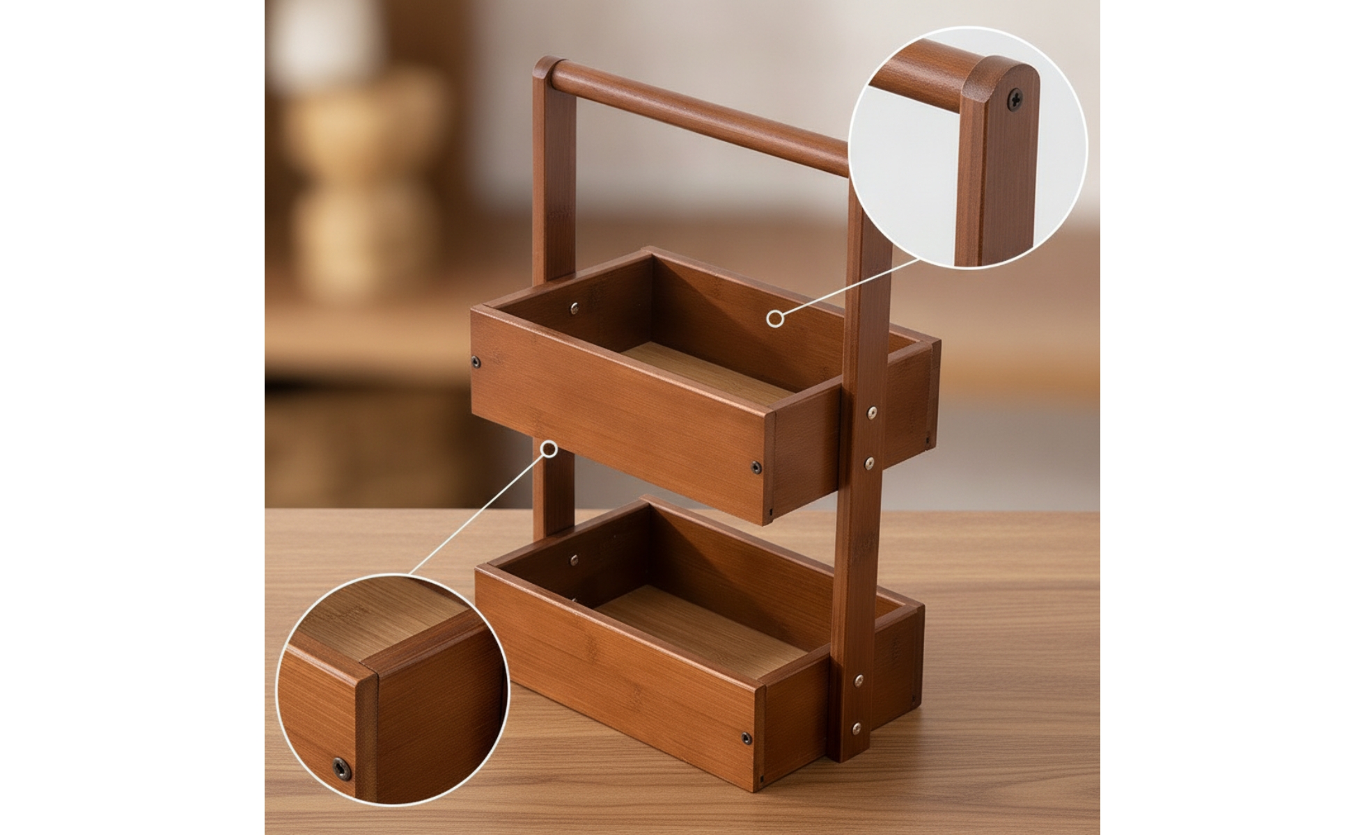 Wood Rack with Handle Open Two-Tier Shelf Portable for Bathroom Counter