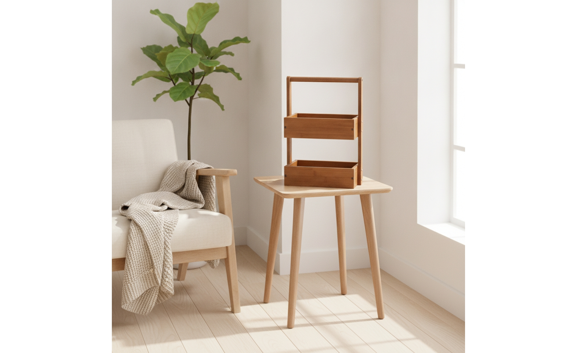 Wood Rack with Handle Open Two-Tier Shelf Portable for Bathroom Counter