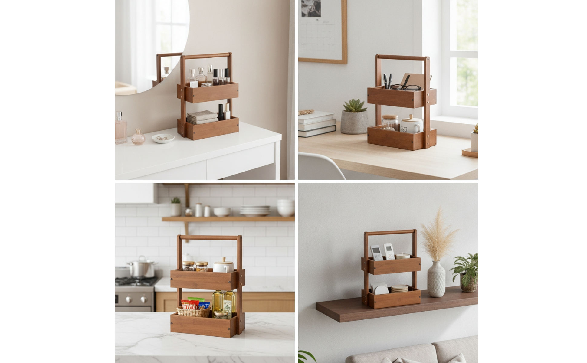 Wood Rack with Handle Open Two-Tier Shelf Portable for Bathroom Counter