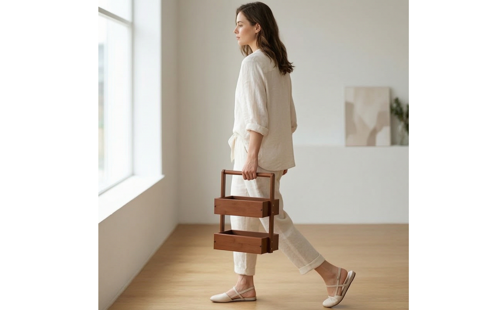 Wood Rack with Handle Open Two-Tier Shelf Portable for Bathroom Counter