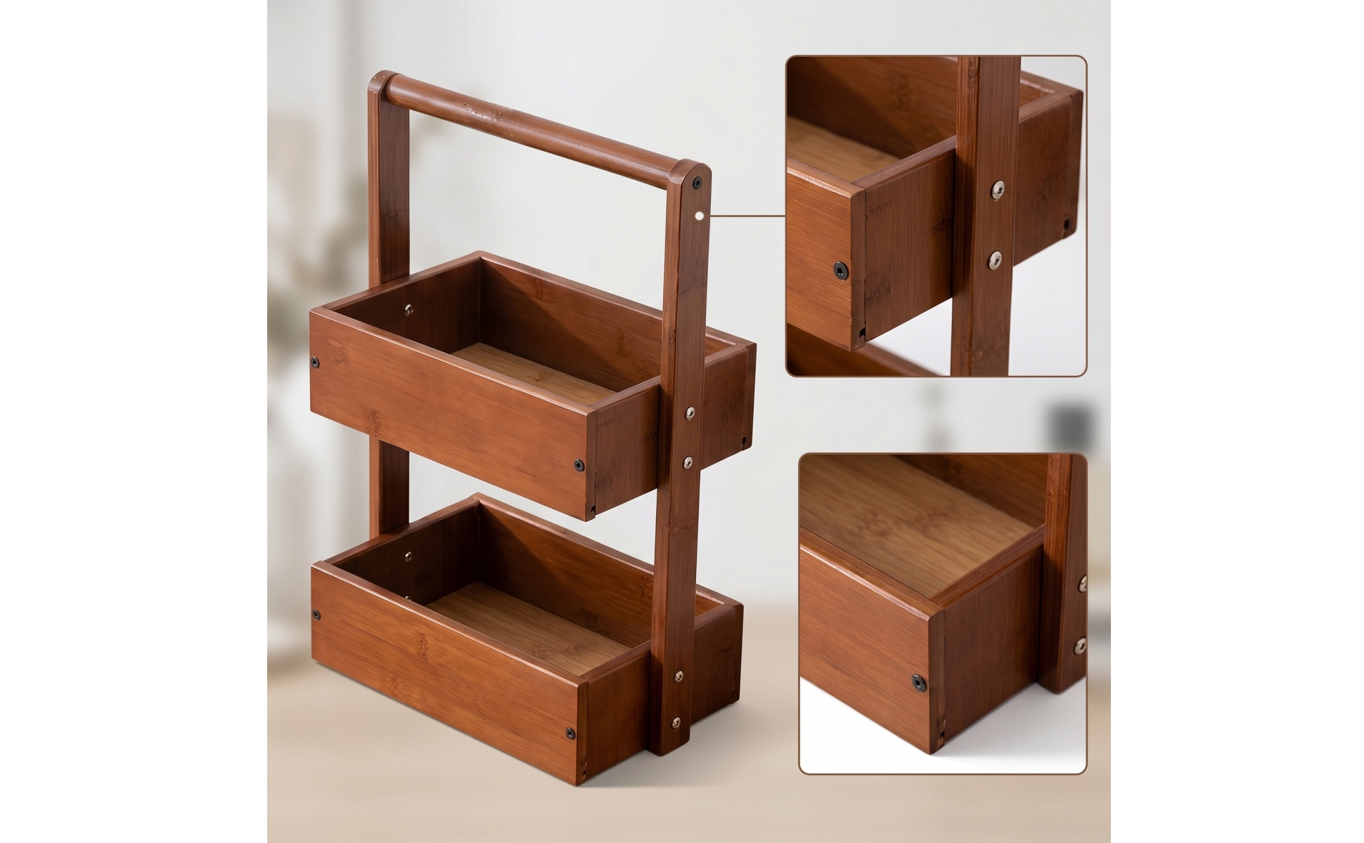 Wood Rack with Handle Open Two-Tier Shelf Portable for Bathroom Counter