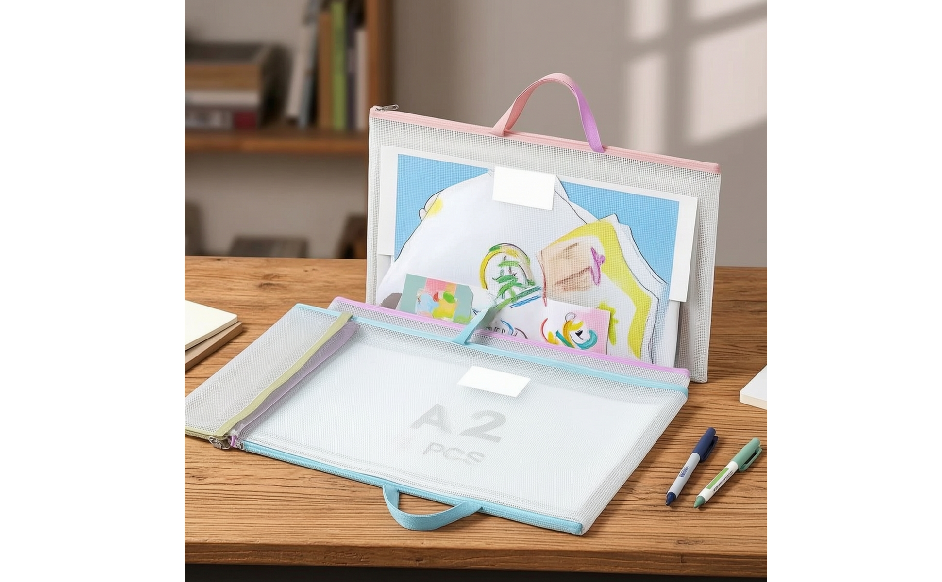 4 Pieces Zipper File Bag with Label Pocket A2 Pouch with Name Card Pocket