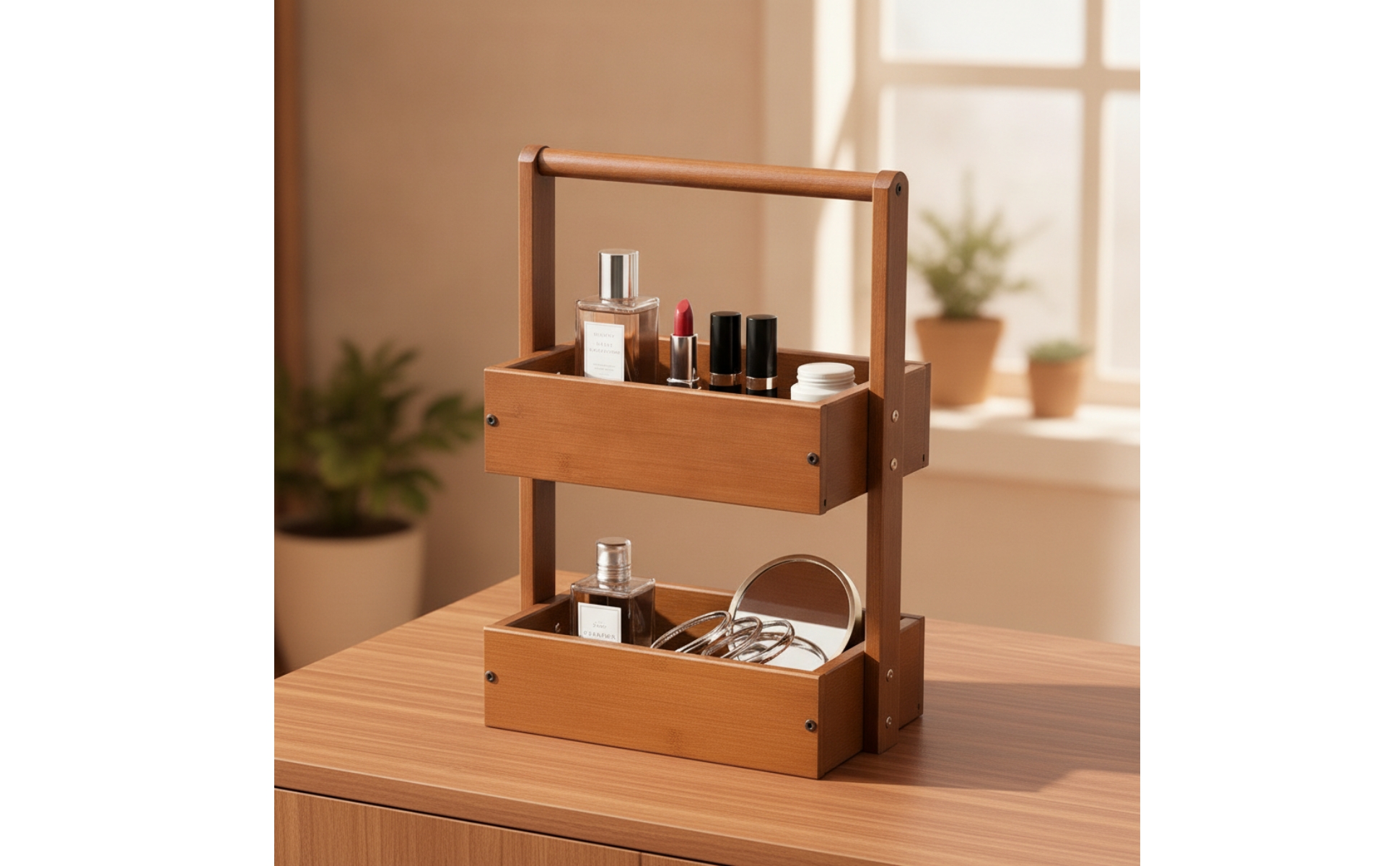 Wood Rack with Handle Open Two-Tier Shelf Portable for Bathroom Counter
