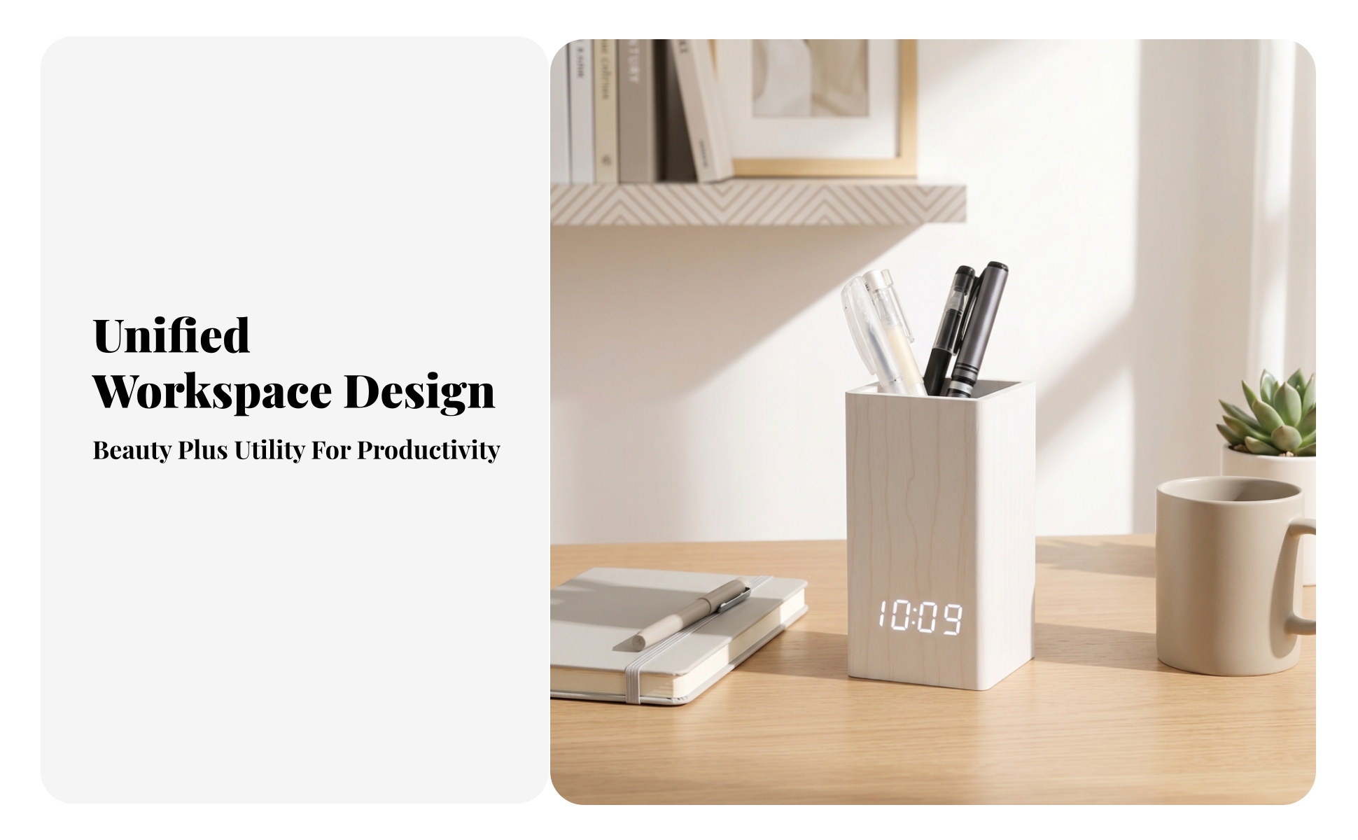 LED Pen Holder Clock Open-Top Wood Desk Clock Holder Rectangular for Desktop