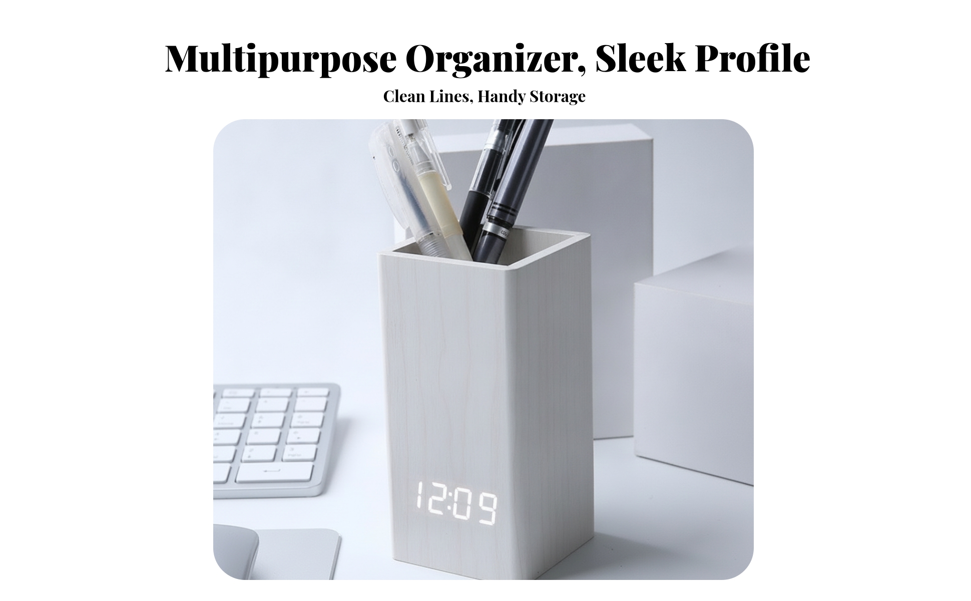 LED Pen Holder Clock Open-Top Wood Desk Clock Holder Rectangular for Desktop