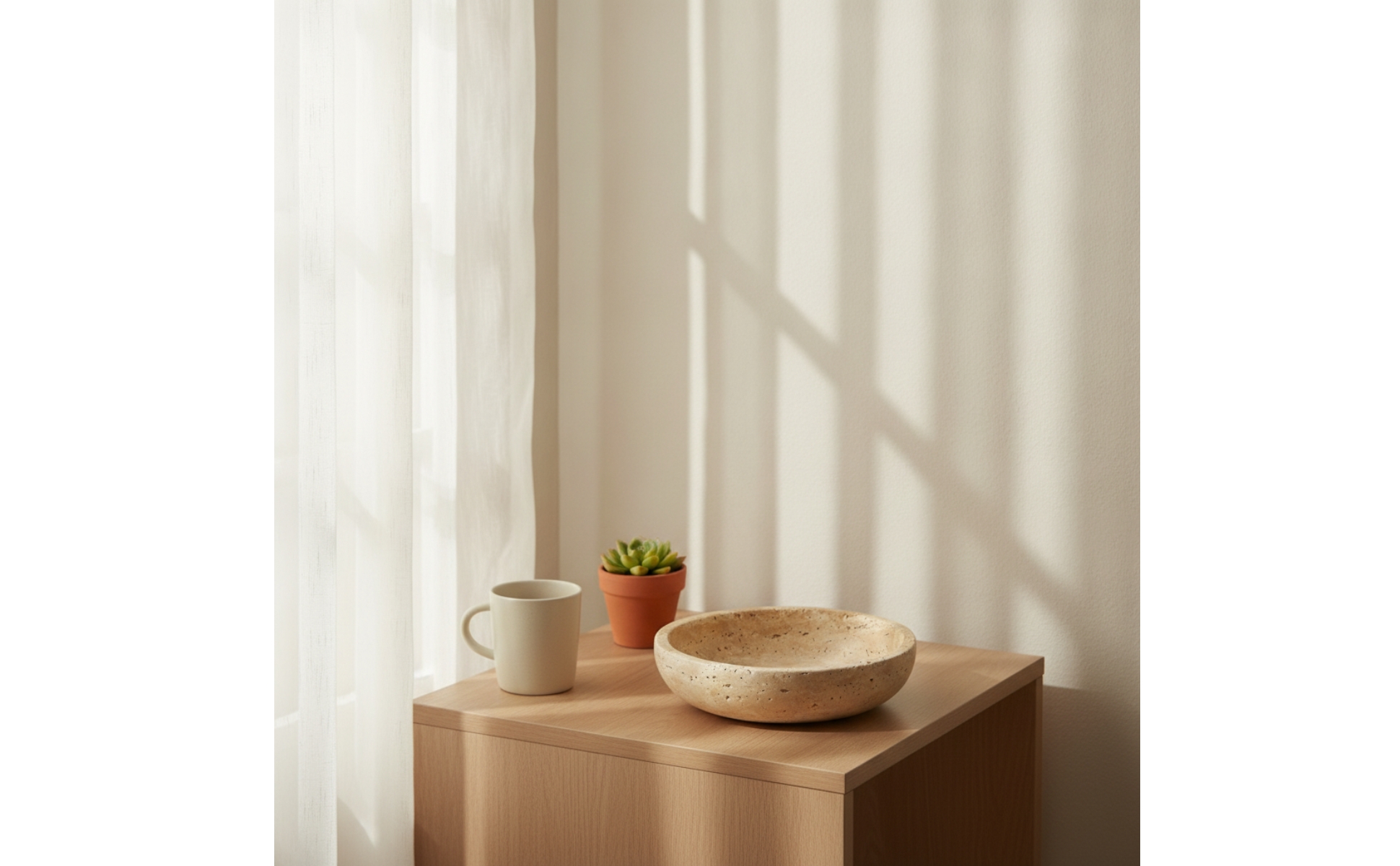 Schale mit Travertin-Optik beige Dekoschale in Steinoptik flach für Wohnzimmer