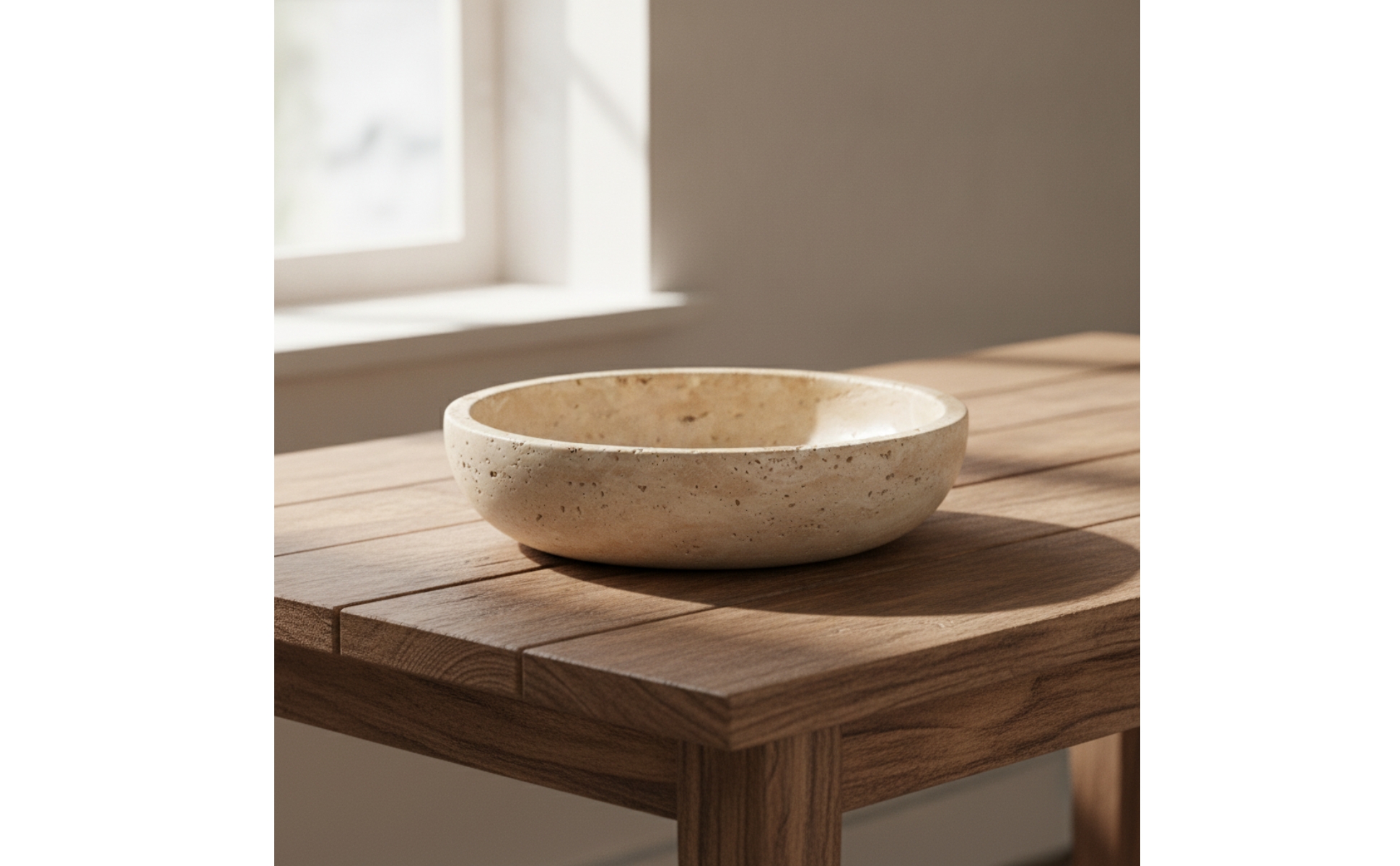 Schale mit Travertin-Optik beige Dekoschale in Steinoptik flach für Wohnzimmer
