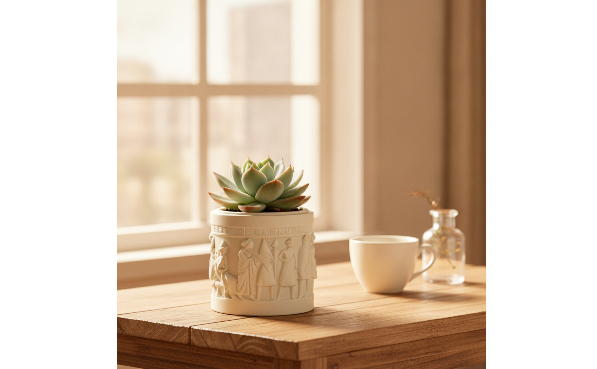 Embossed Planter Vintage Cylindrical Planter Compact for Windowsill, Minimalists