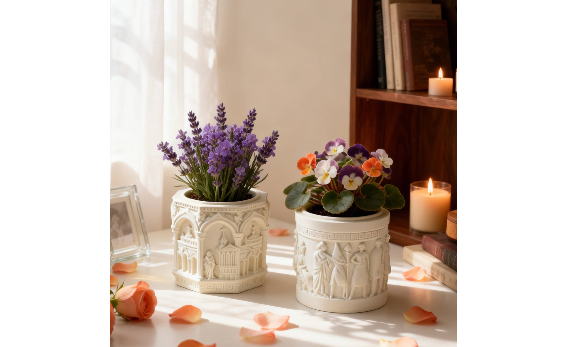Embossed Planter Vintage Cylindrical Planter Compact for Windowsill, Minimalists