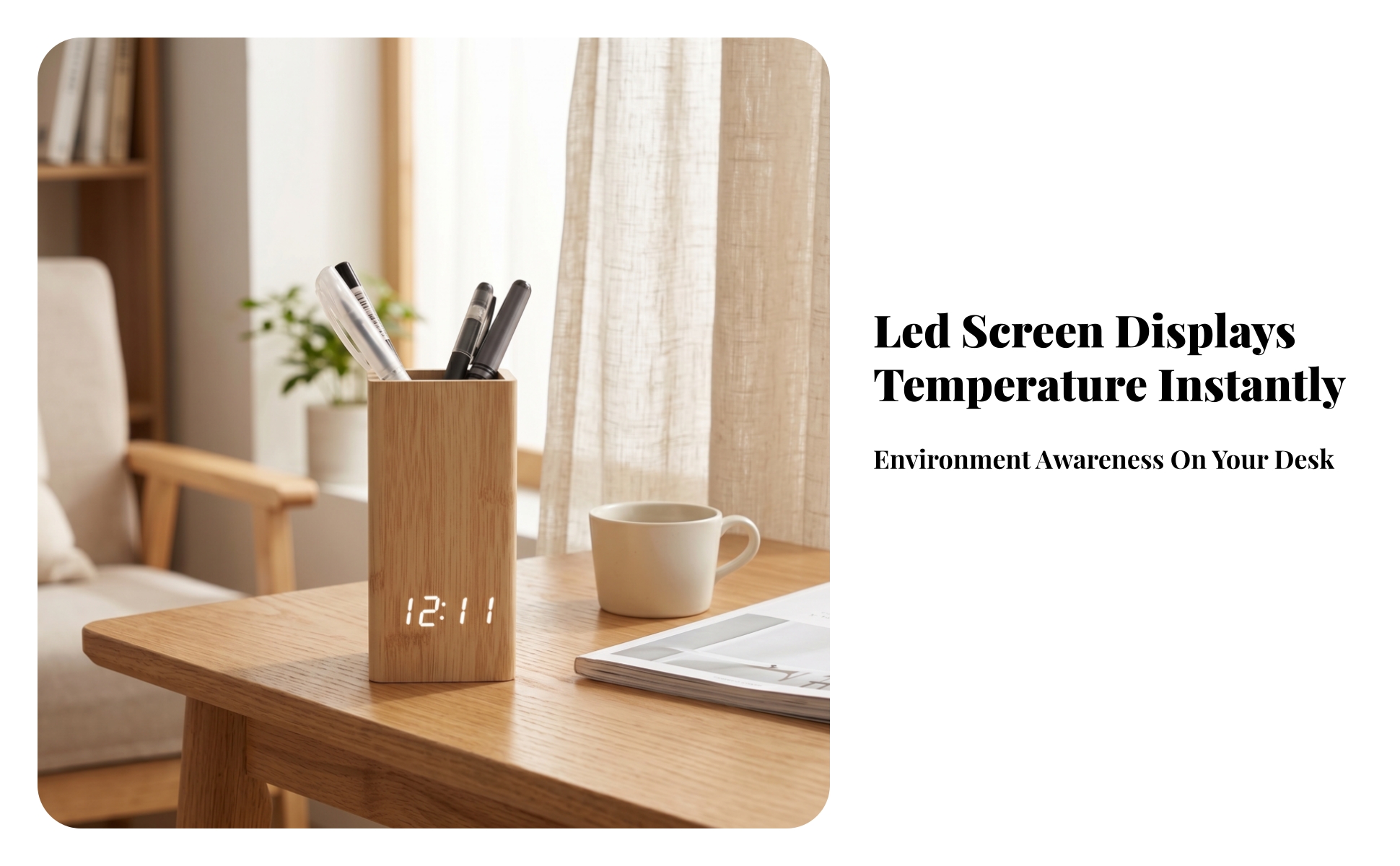 LED Pen Holder Clock Open-Top Wood Desk Clock Holder Rectangular for Desktop