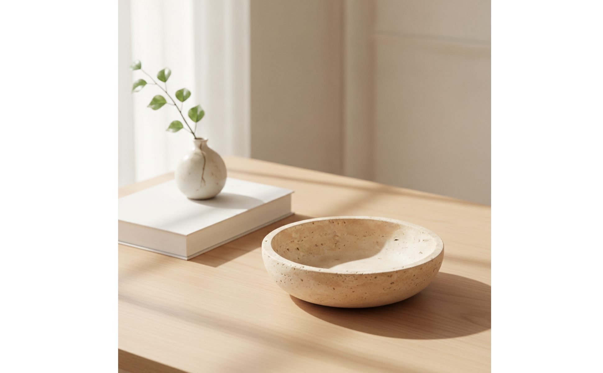 Schale mit Travertin-Optik beige Dekoschale in Steinoptik flach für Wohnzimmer
