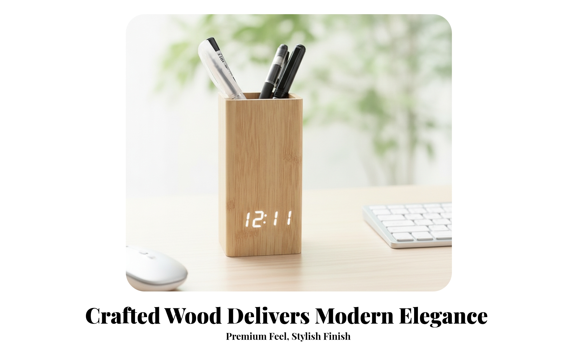 LED Pen Holder Clock Open-Top Wood Desk Clock Holder Rectangular for Desktop