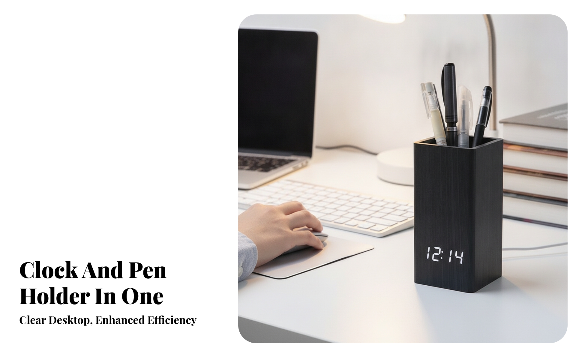 LED Pen Holder Clock Open-Top Wood Desk Clock Holder Rectangular for Desktop